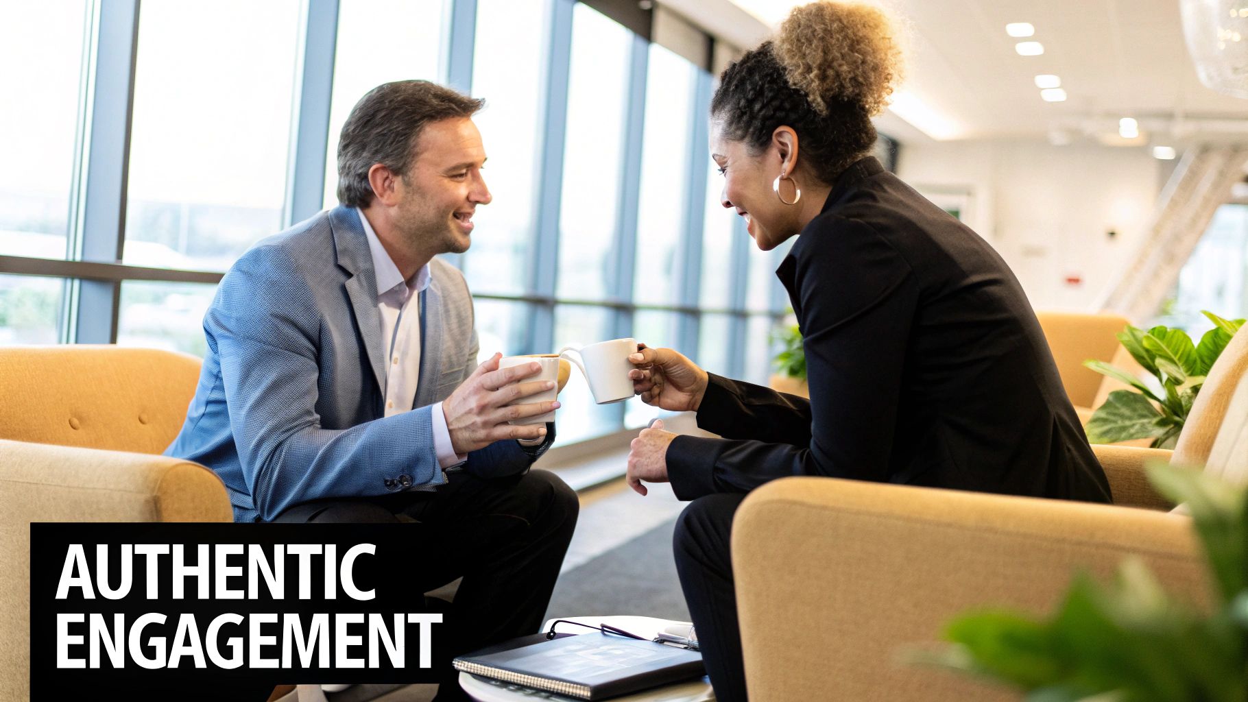 A group of professionals engaging in a conversation over coffee