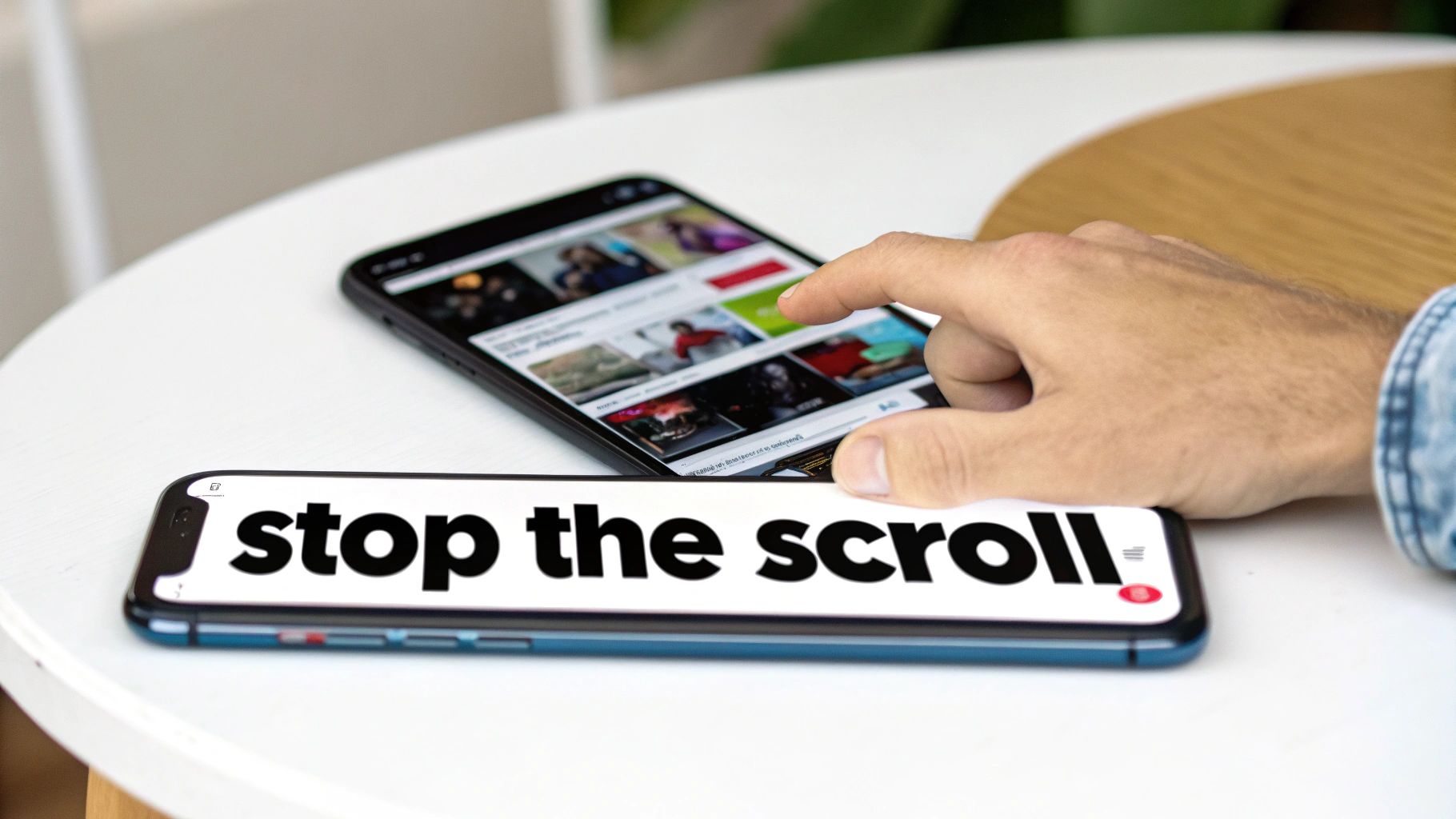 A hand scrolls through images on one smartphone, while another phone displays 'stop the scroll'.