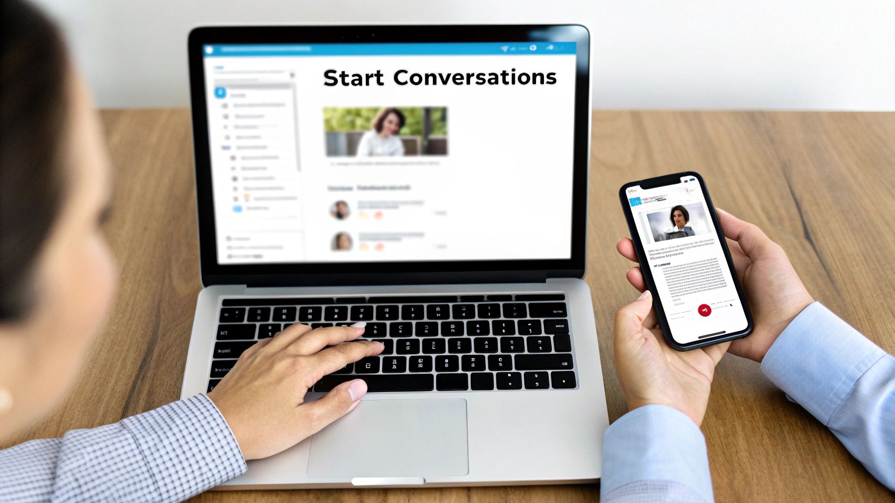 A person uses a laptop displaying 'Start Conversations' and holds a smartphone with a communication app.