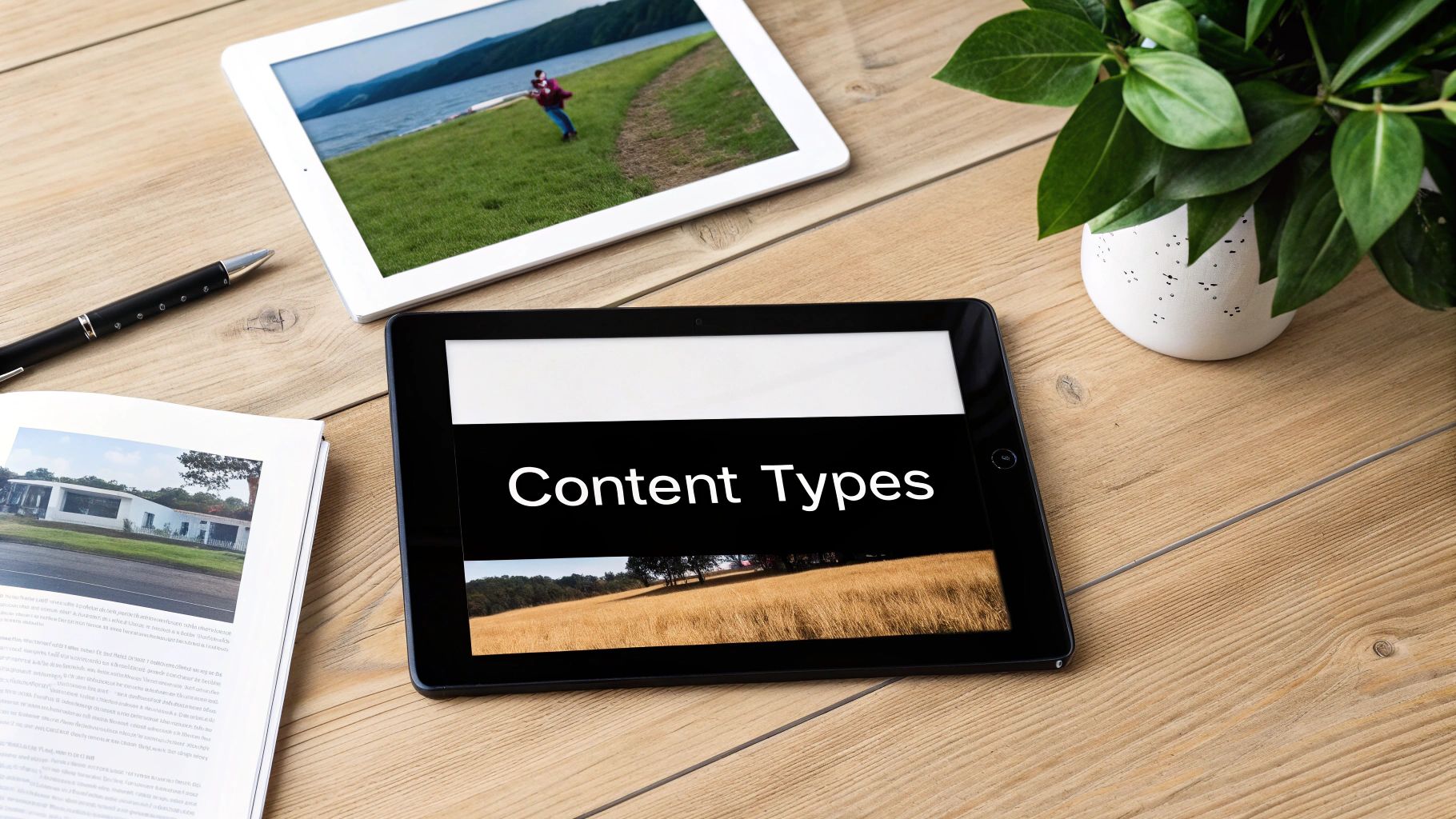 Two tablets on a wooden desk, one displaying 'Content Types', the other a landscape photo.