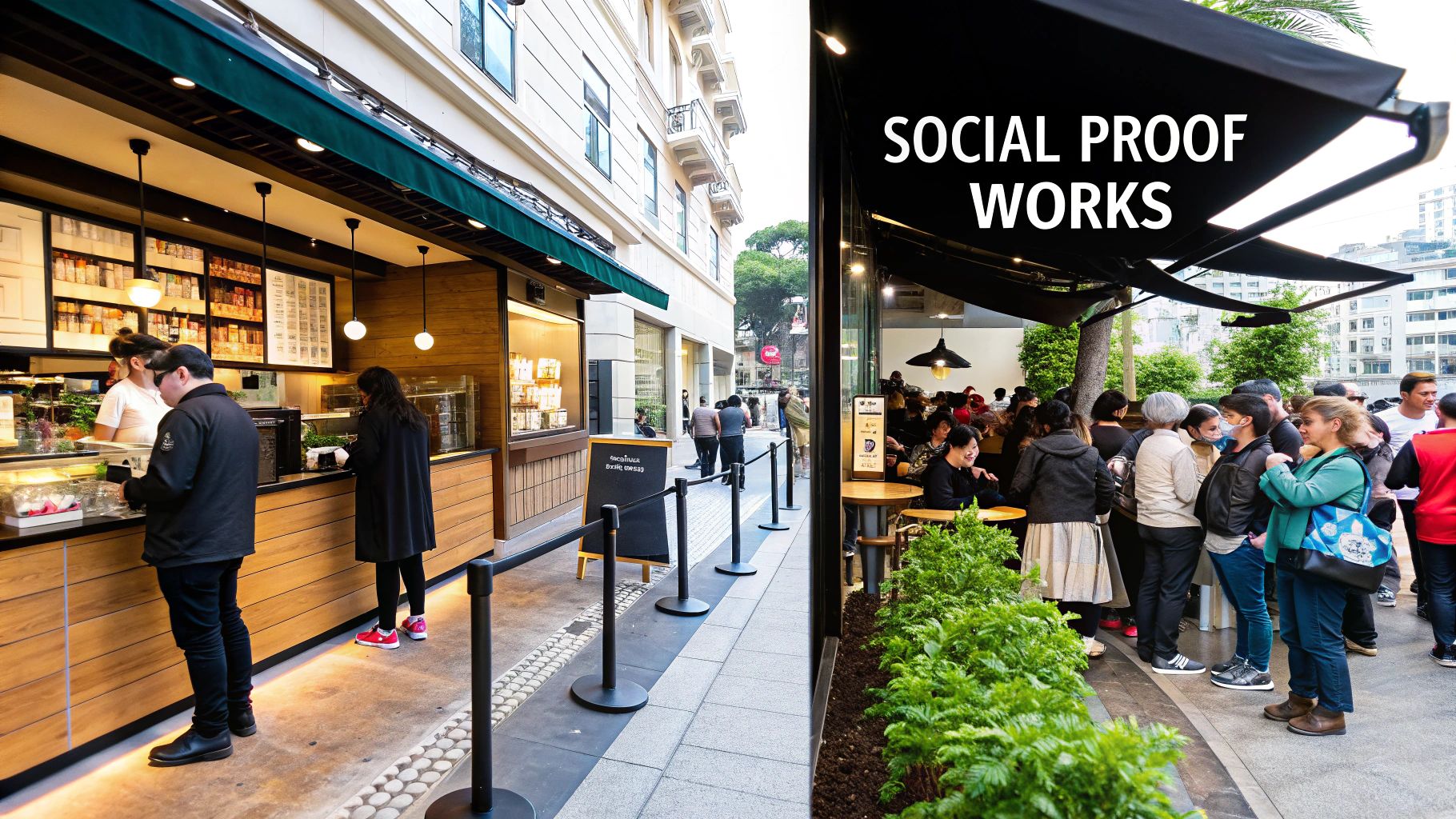 Crowded restaurant with long queue demonstrating social proof marketing effectiveness in action