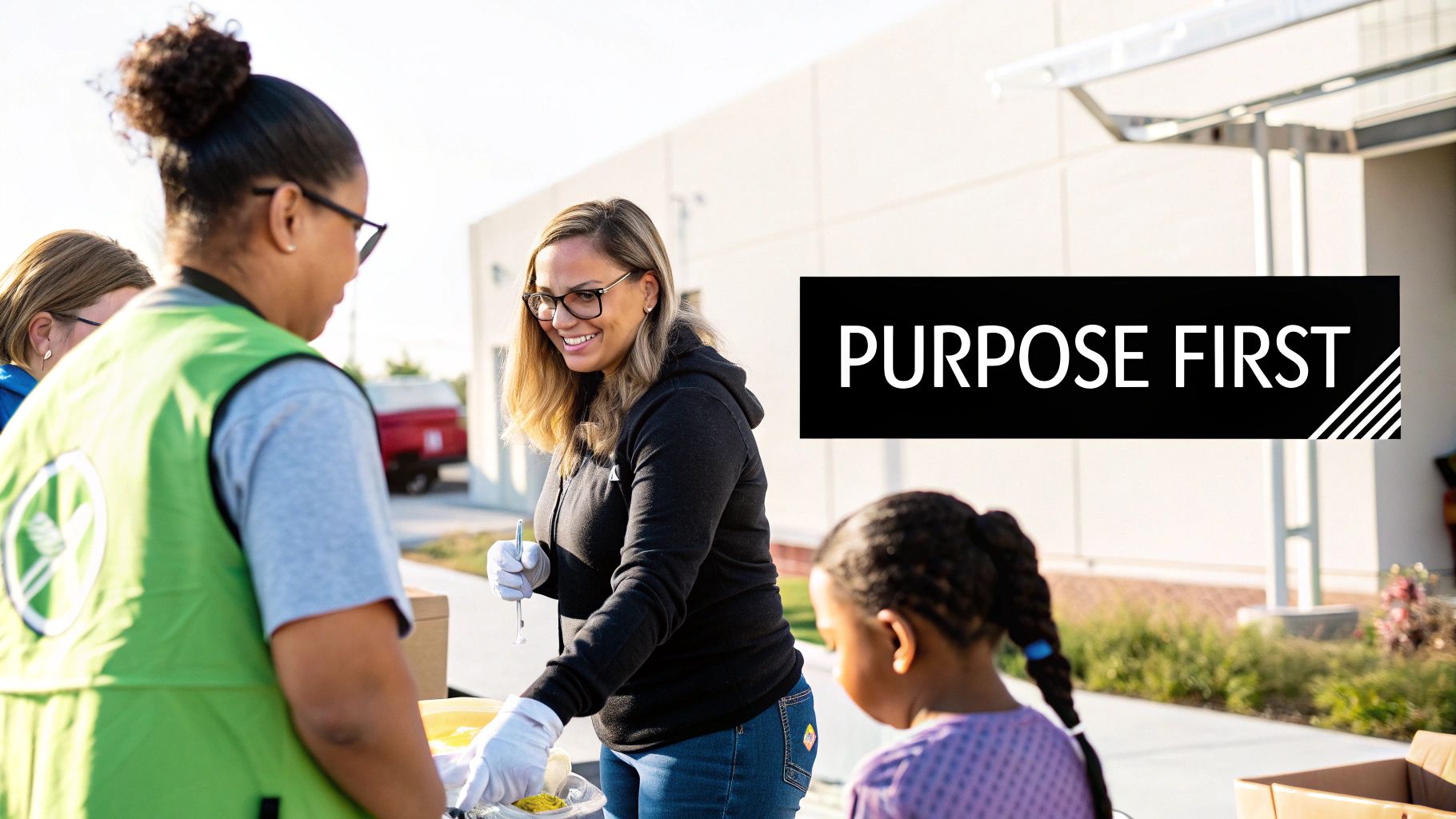 Smiling volunteers engage in an outdoor community service event, with a 'PURPOSE FIRST' logo.