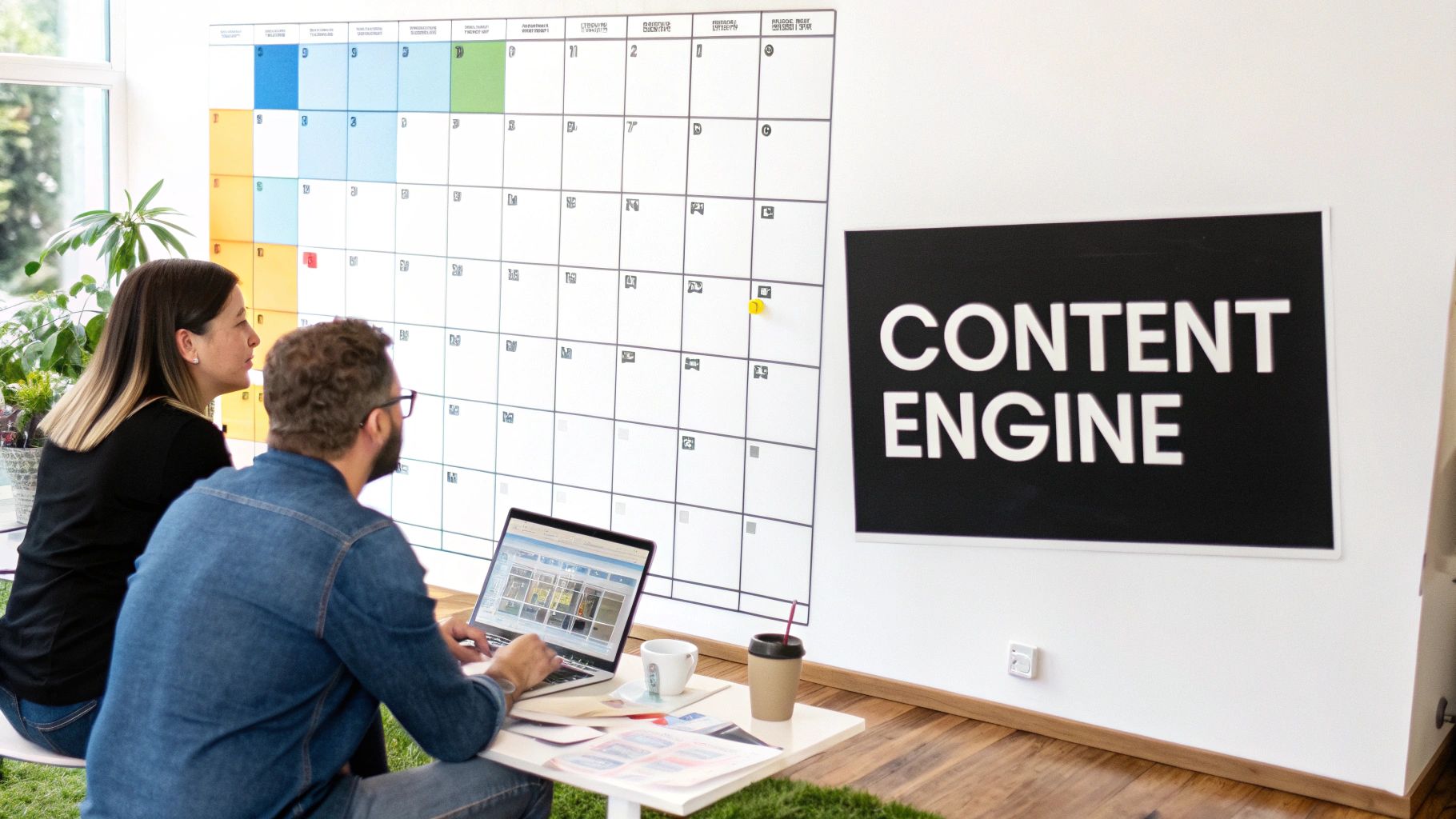 Two professionals reviewing content calendar on wall while planning marketing strategy at desk
