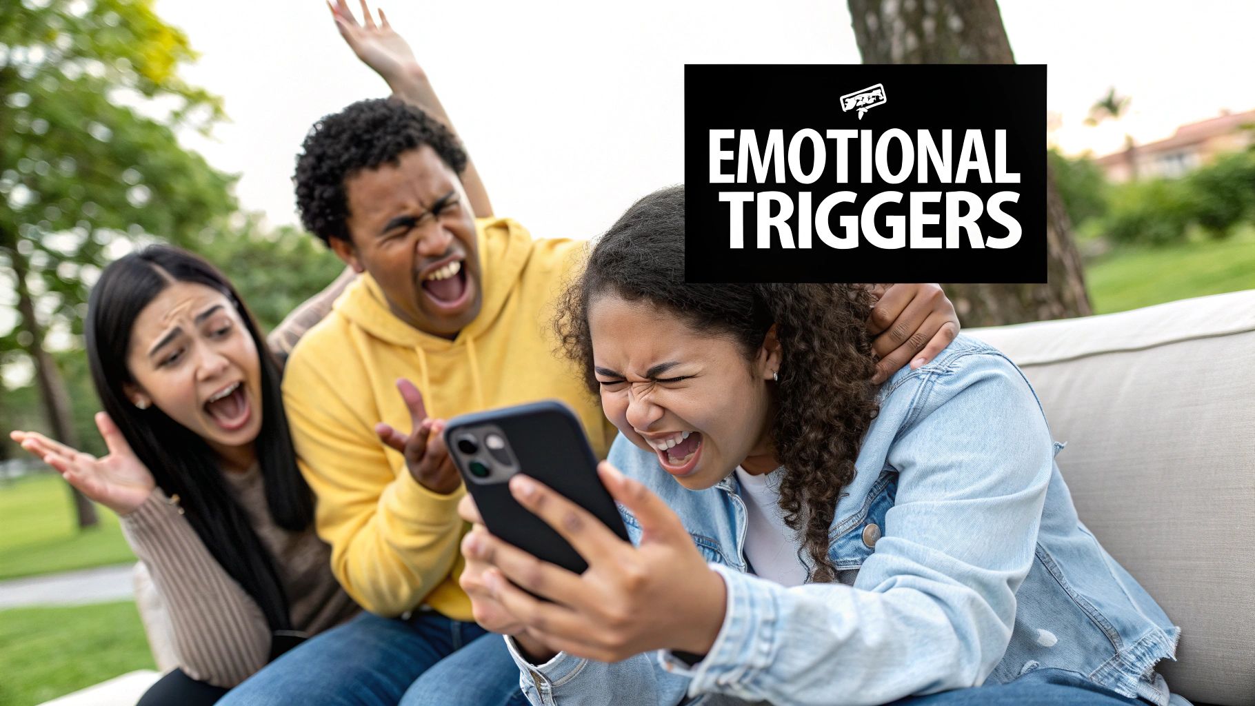 A group of diverse people laughing and looking at a smartphone together, representing shared viral content.