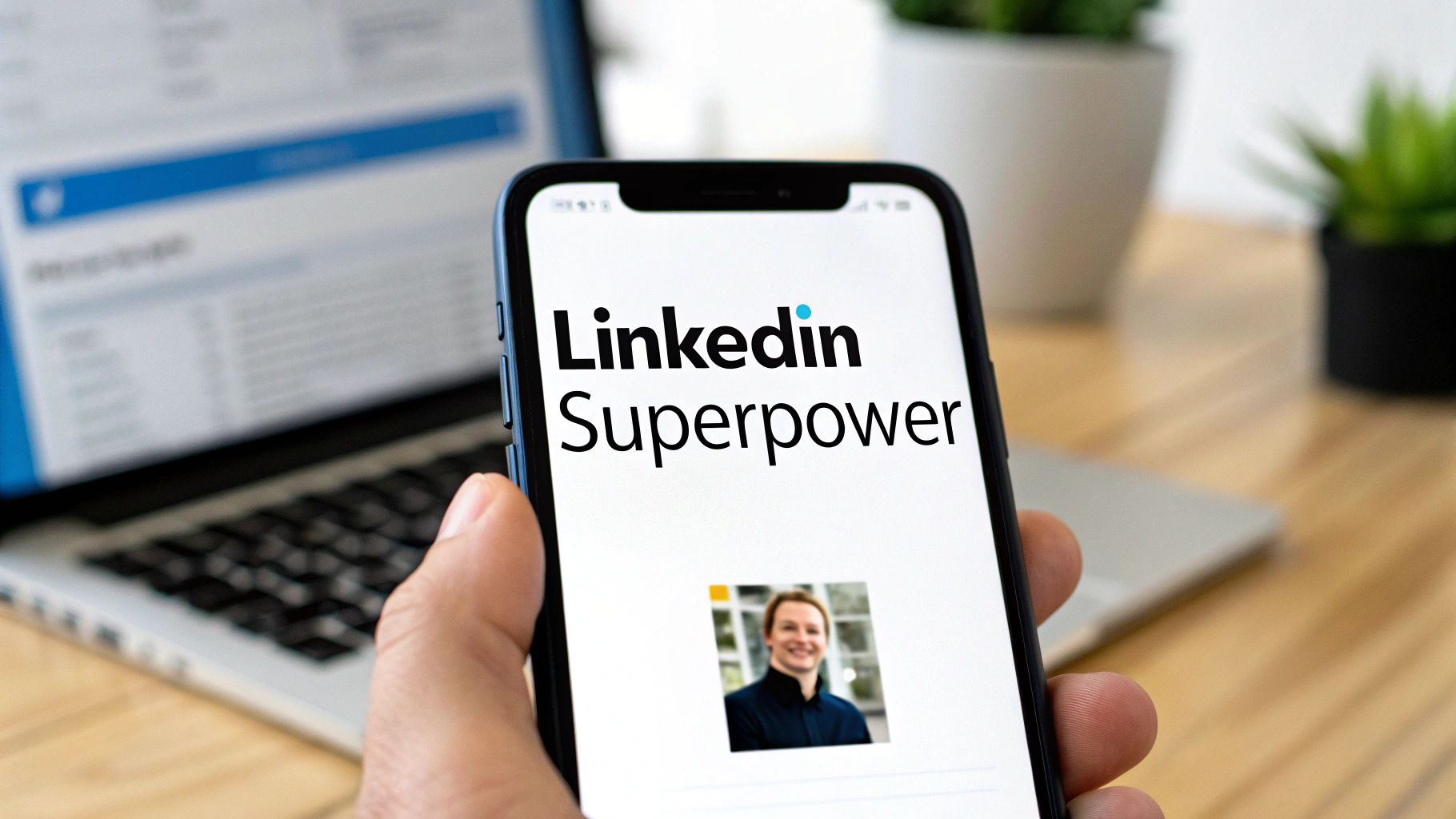 A person typing on a laptop with a large LinkedIn logo in the background, symbolizing professional branding through writing.