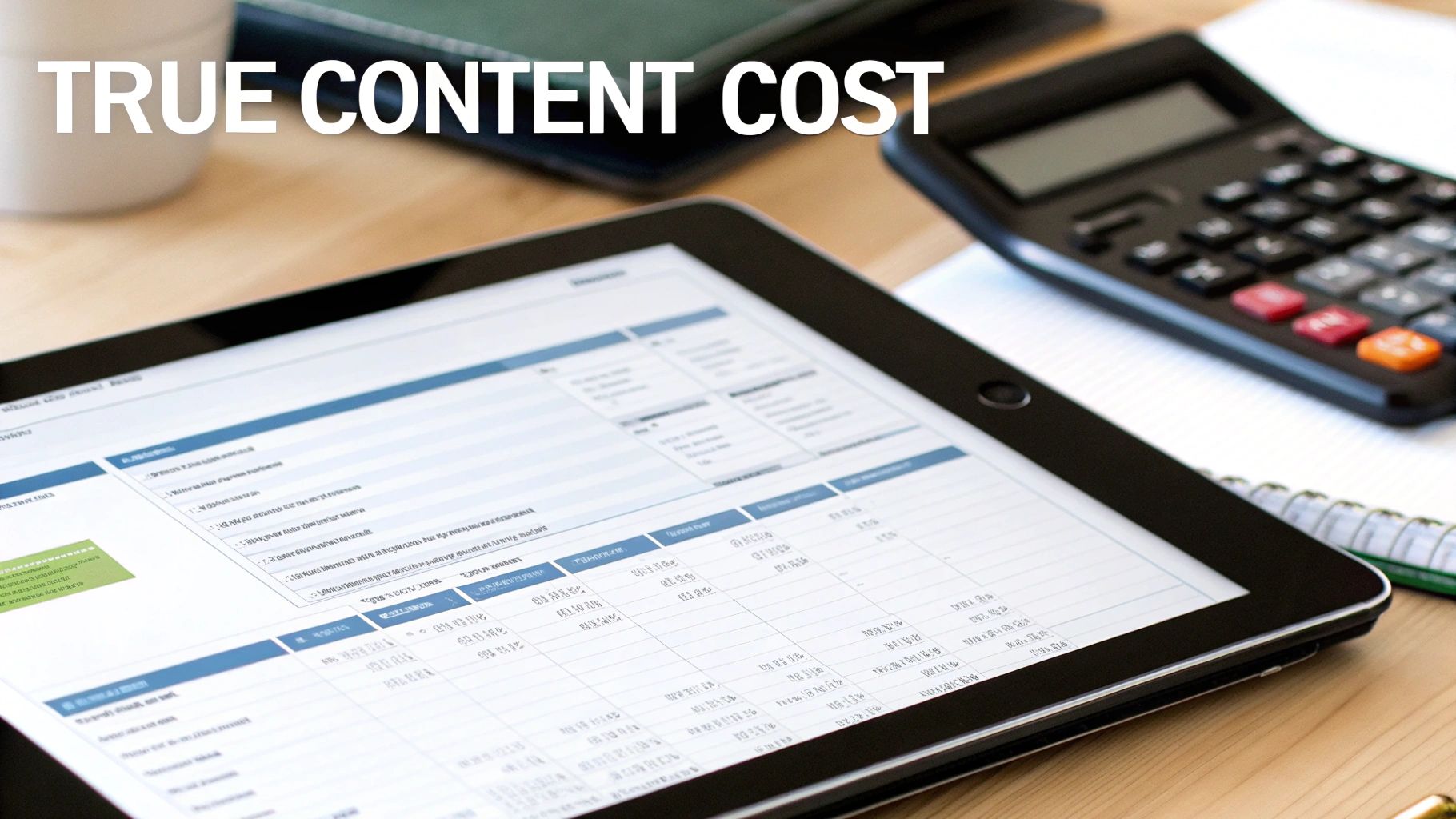 A tablet displays a financial spreadsheet with 'TRUE CONTENT COST' overlay, next to a calculator, emphasizing content value.
