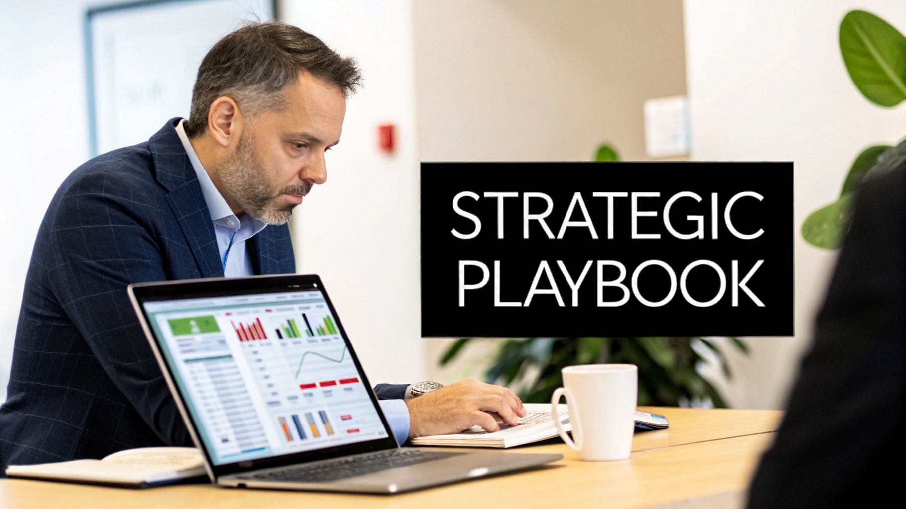 Business professional analyzing data charts on tablet while reviewing strategic playbook document at office desk