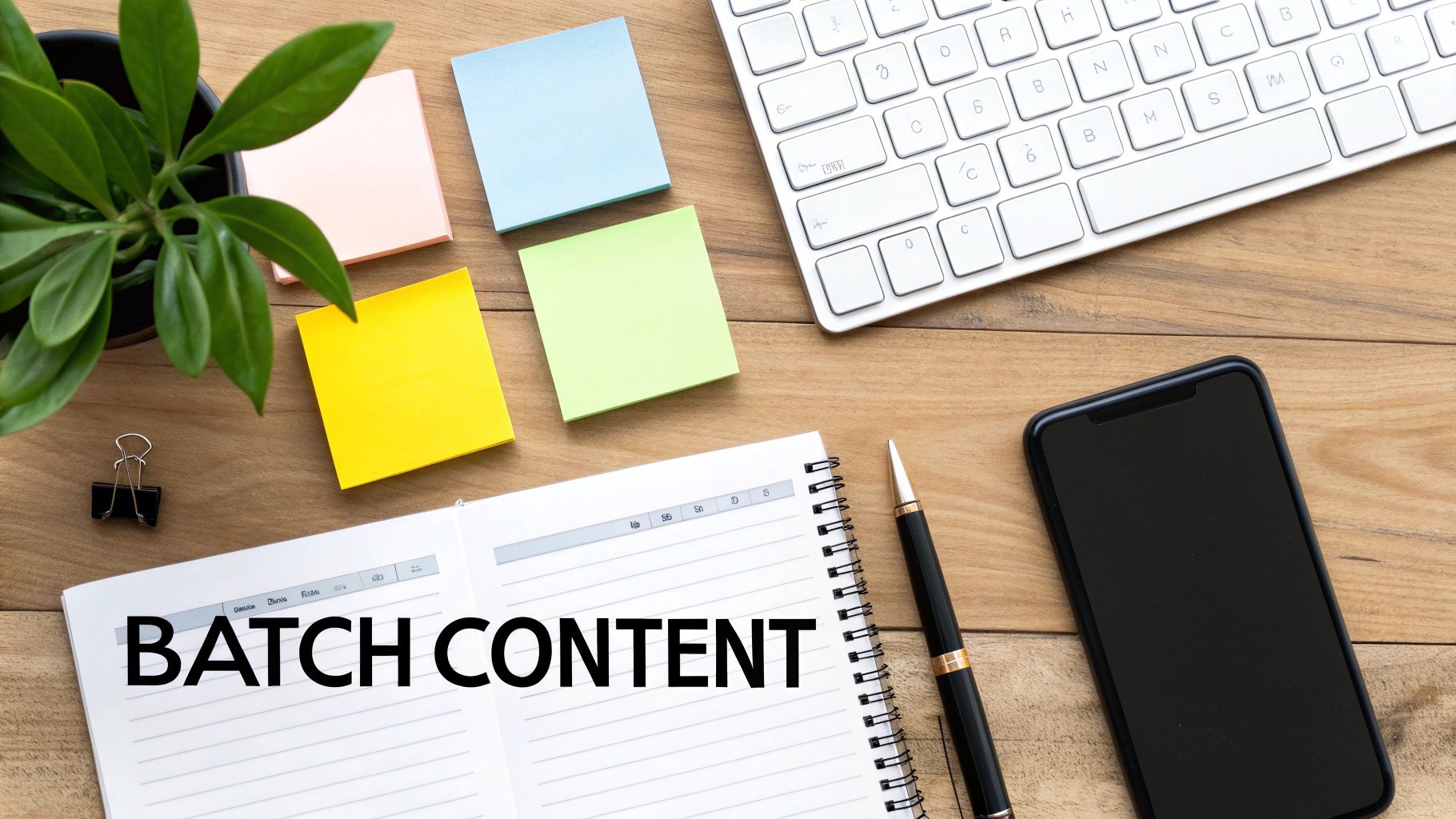 Flat lay of a modern workspace with a plant, sticky notes, a keyboard, a smartphone, and a notebook with "BATCH CONTENT" written on it.