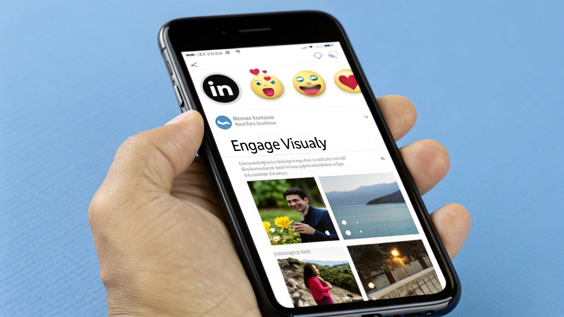 A person arranging visual elements like photos and graphs on a digital canvas representing a LinkedIn post.
