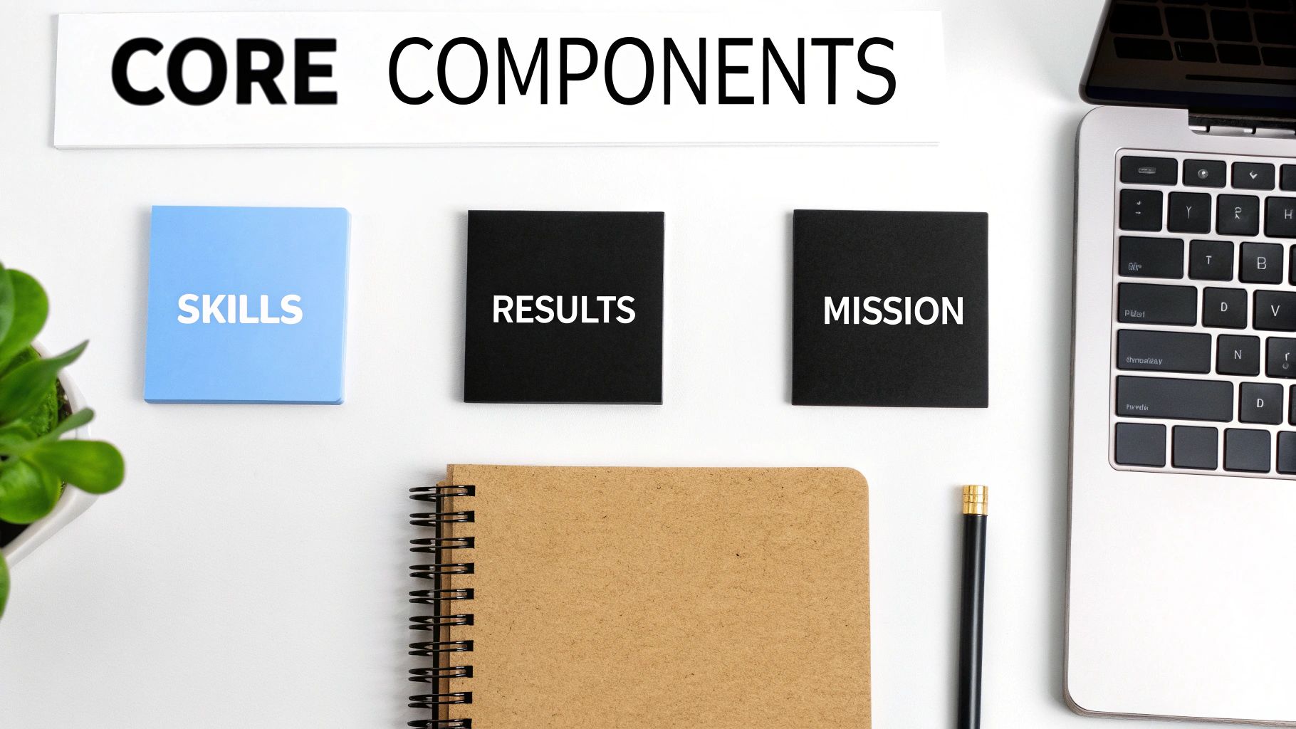 A person using colorful sticky notes on a board to organize the key elements of their professional bio.