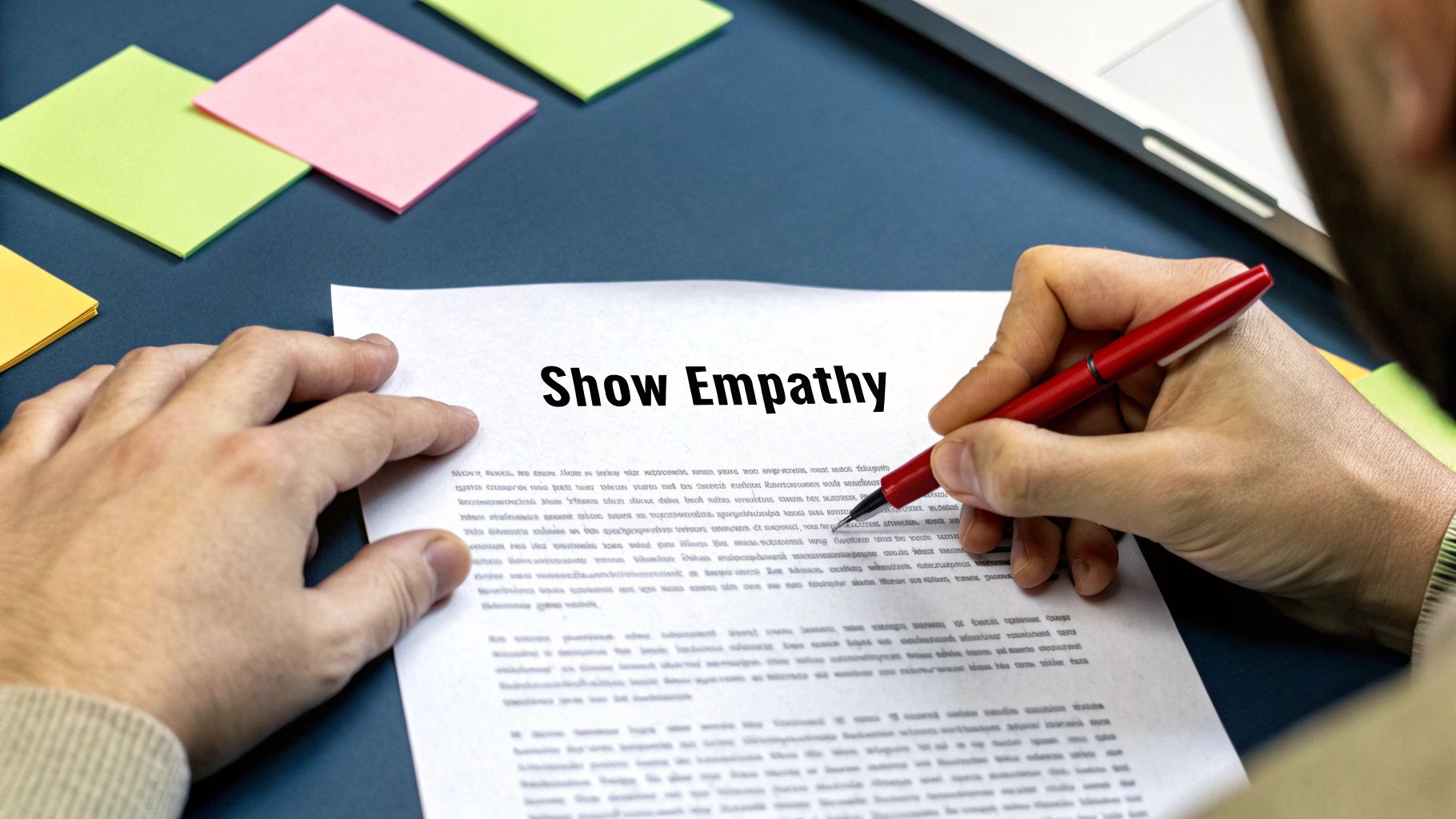 A person editing a document, with post-it notes showing emotions and connections.