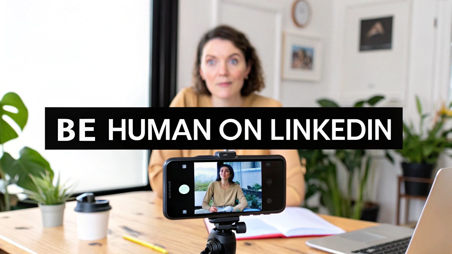 An approachable professional working on a laptop, with a friendly expression, embodying the H2H principles on their LinkedIn profile.