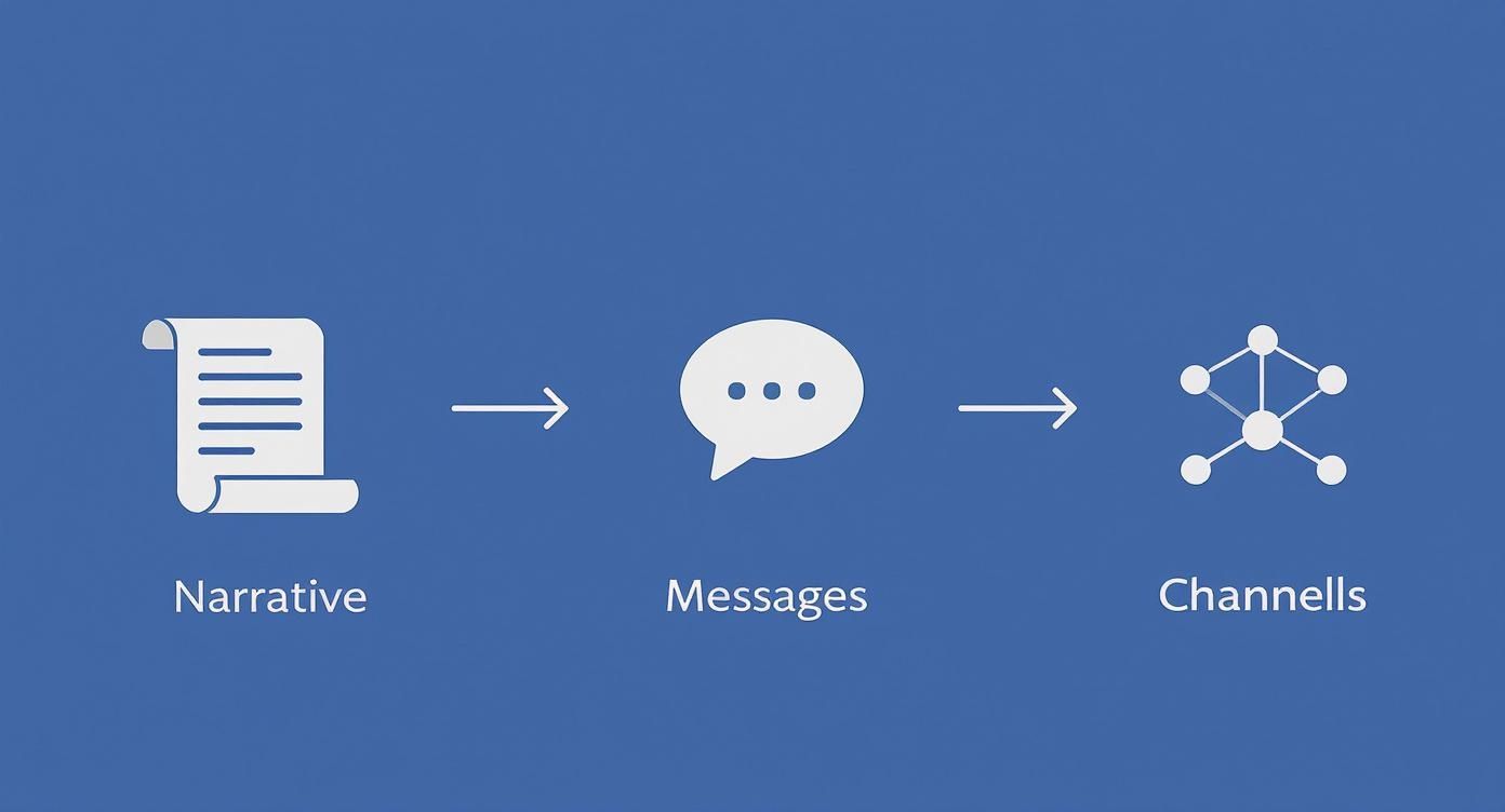 Three-step communication flow diagram showing narrative document transforming into messages and distribution channels
