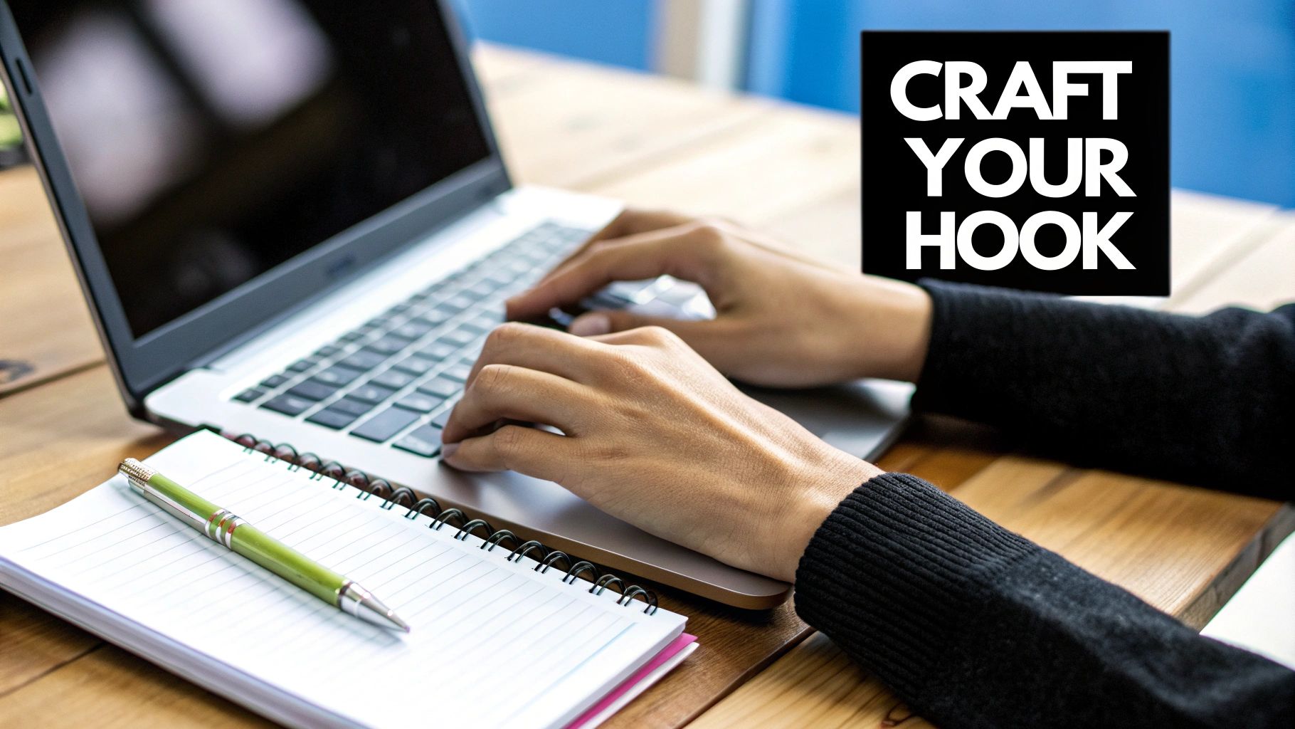 A person typing on a laptop, with a lightbulb graphic next to them indicating a creative idea.