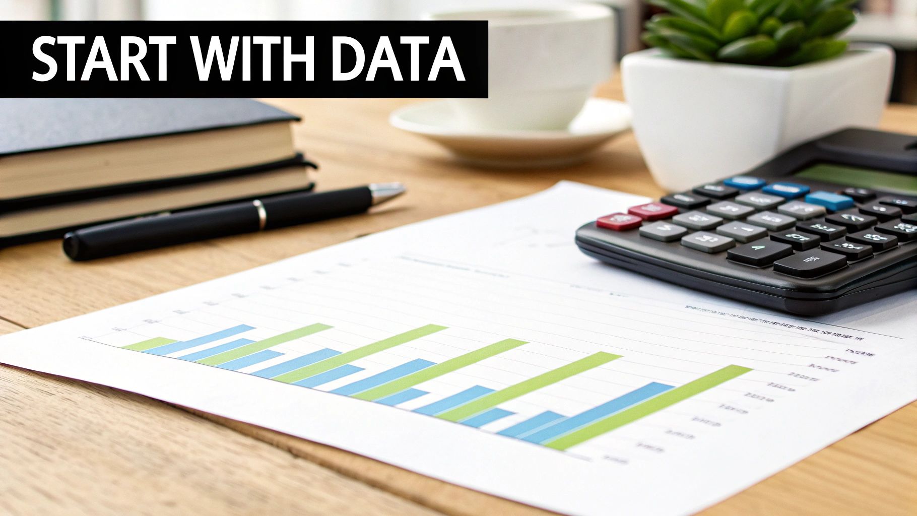Business desk with data charts, calculator, notebooks and pen showing financial analysis and planning