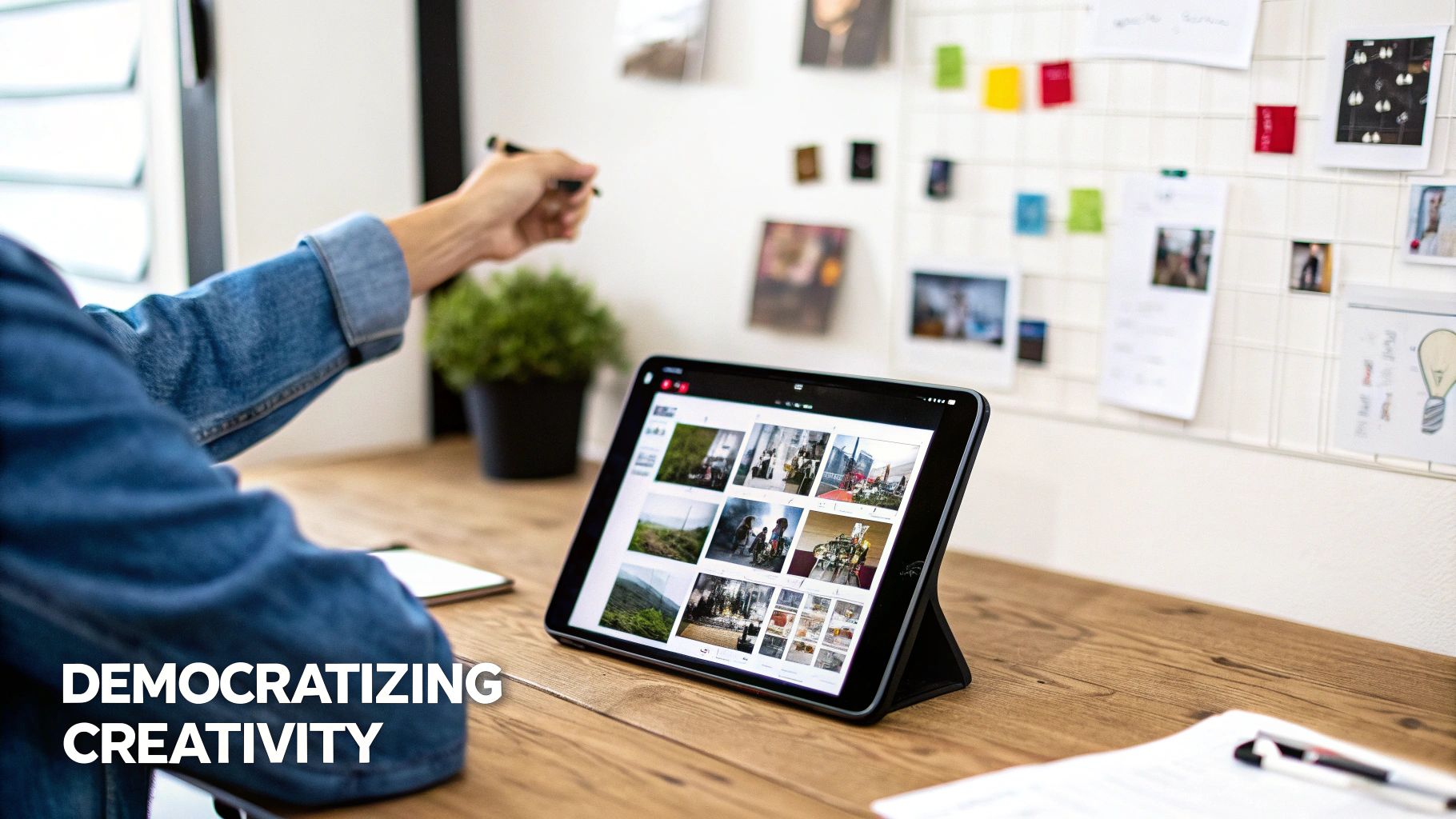 A designer using an AI image generator on a tablet to brainstorm concepts