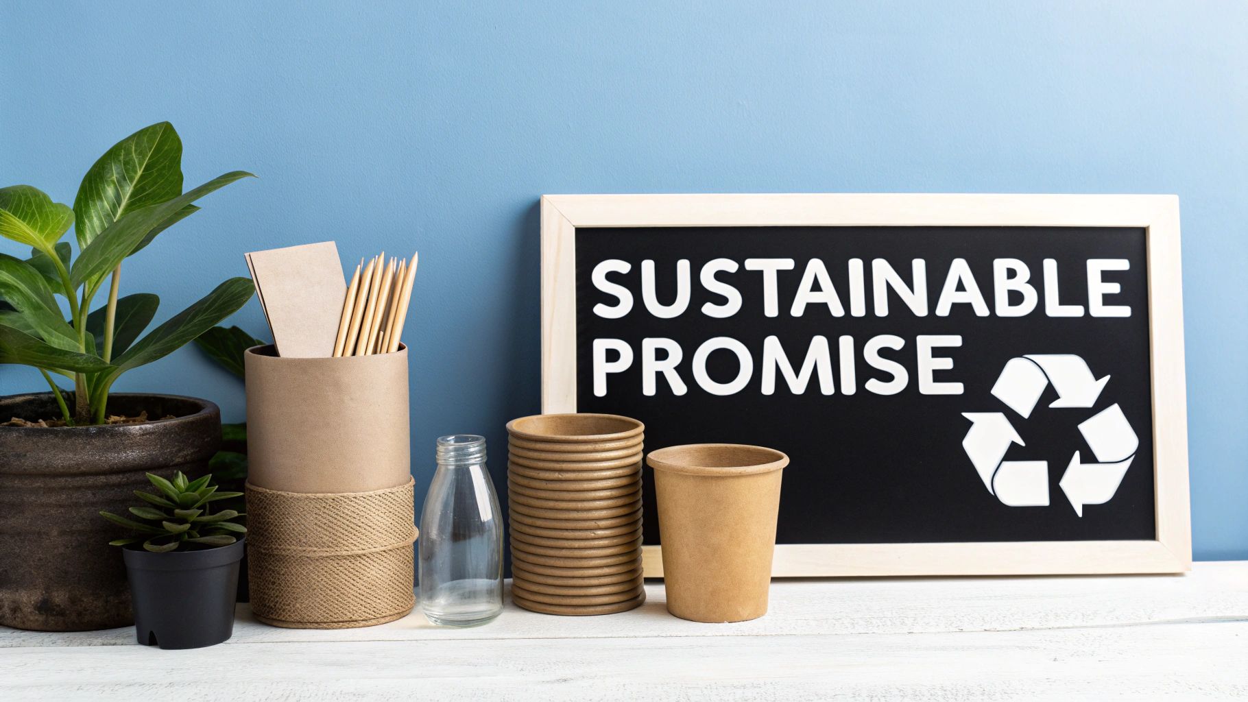 A chalkboard displaying 'Sustainable Promise' and recycling symbol with eco-friendly products and plants.