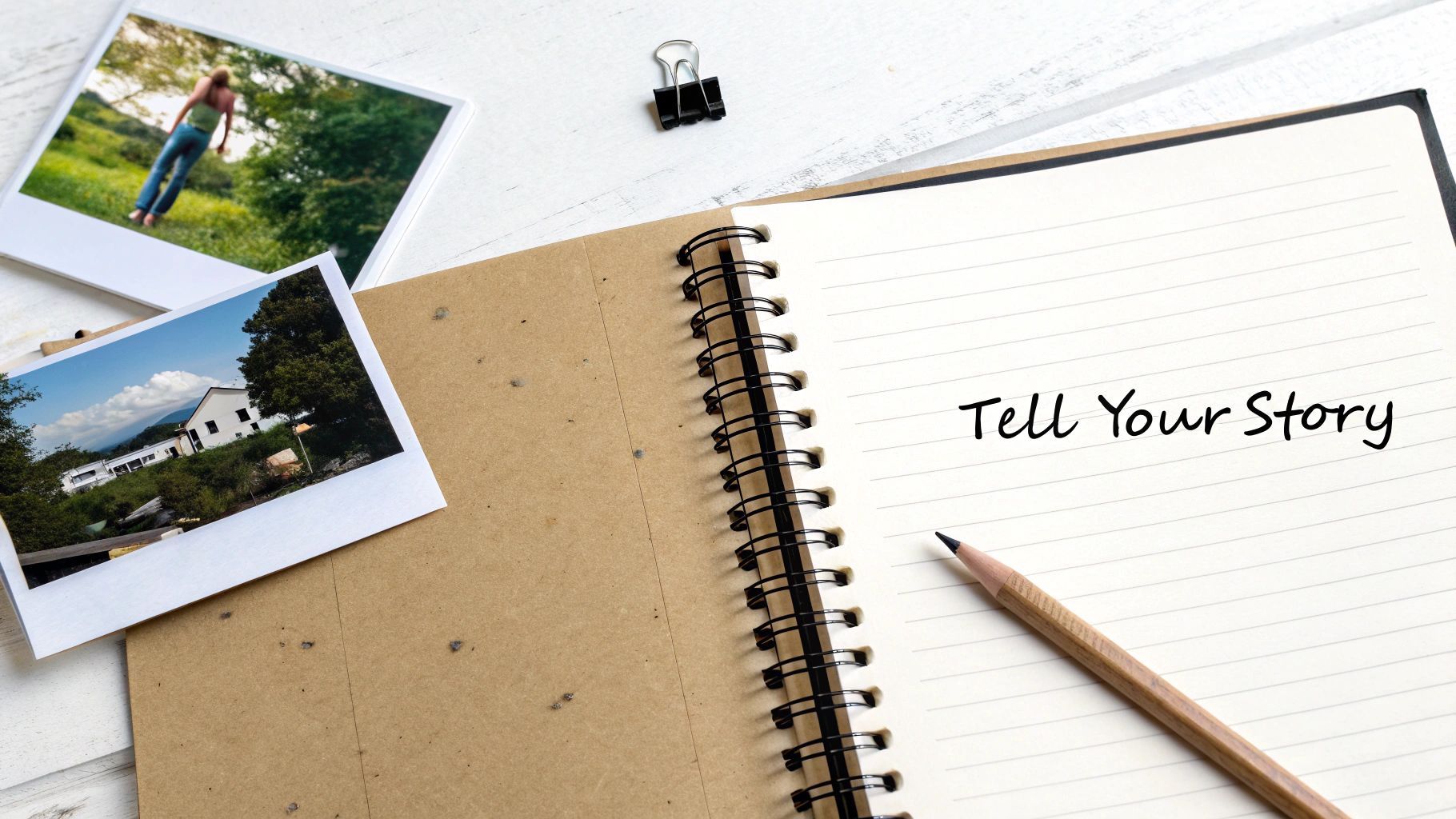 A collection of old photos and letters on a wooden table, suggesting a personal story being crafted.