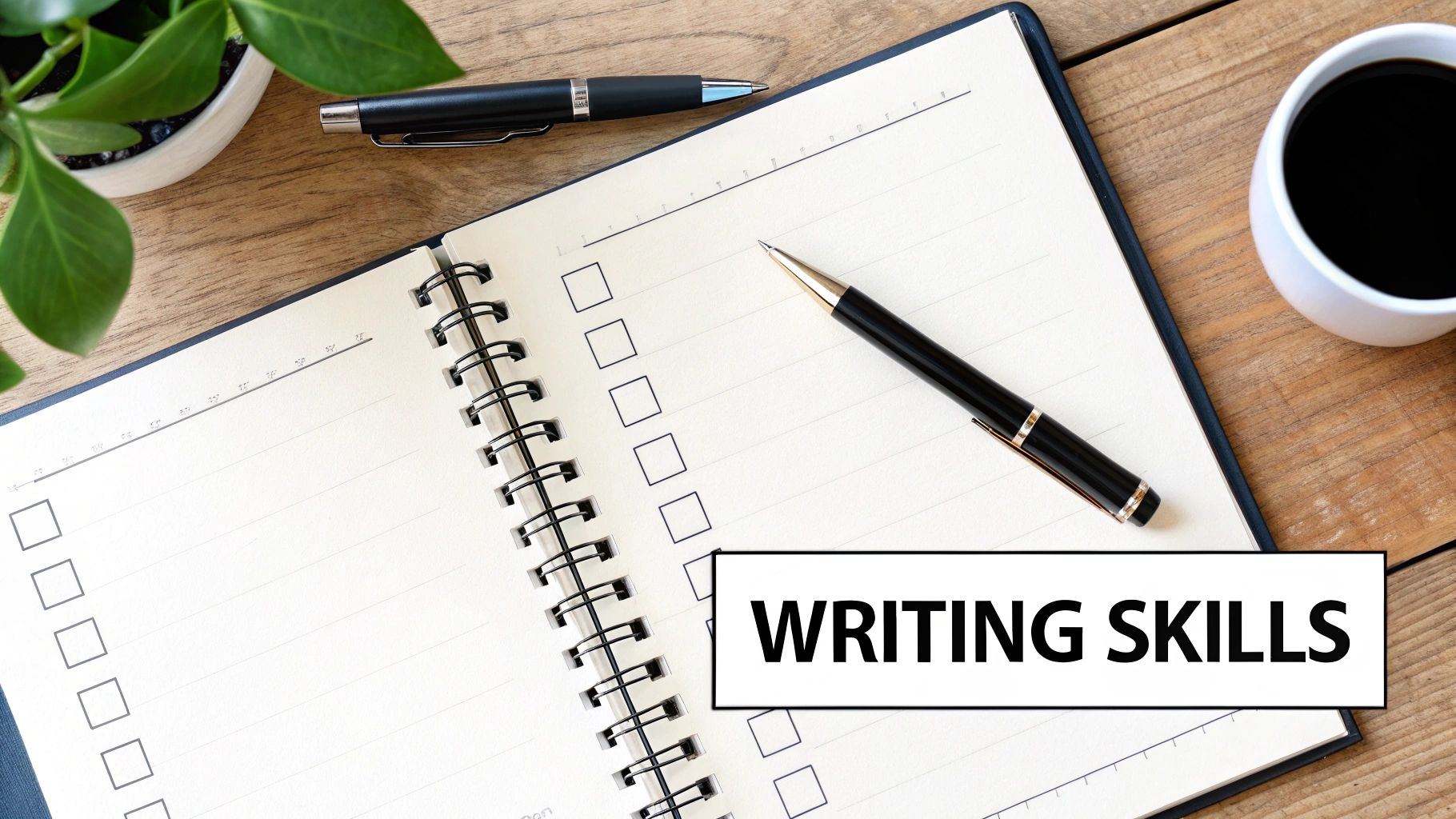 Flat lay of a desk with an open notebook, pens, coffee, and a plant, with 'WRITING SKILLS' text overlay.