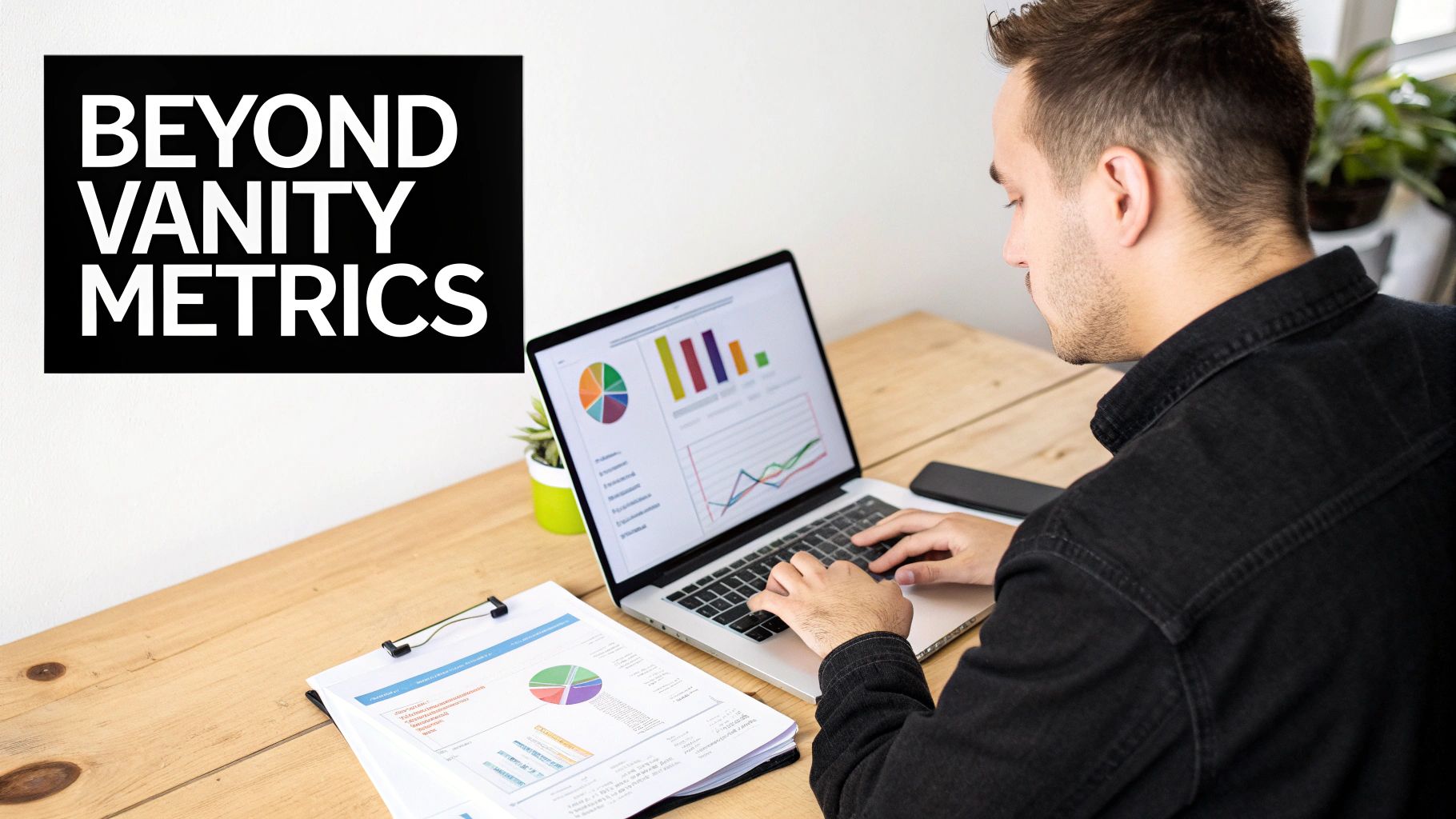 A person analyzes business data and charts on a laptop and printed reports, with 'Beyond Vanity Metrics' text on the wall.