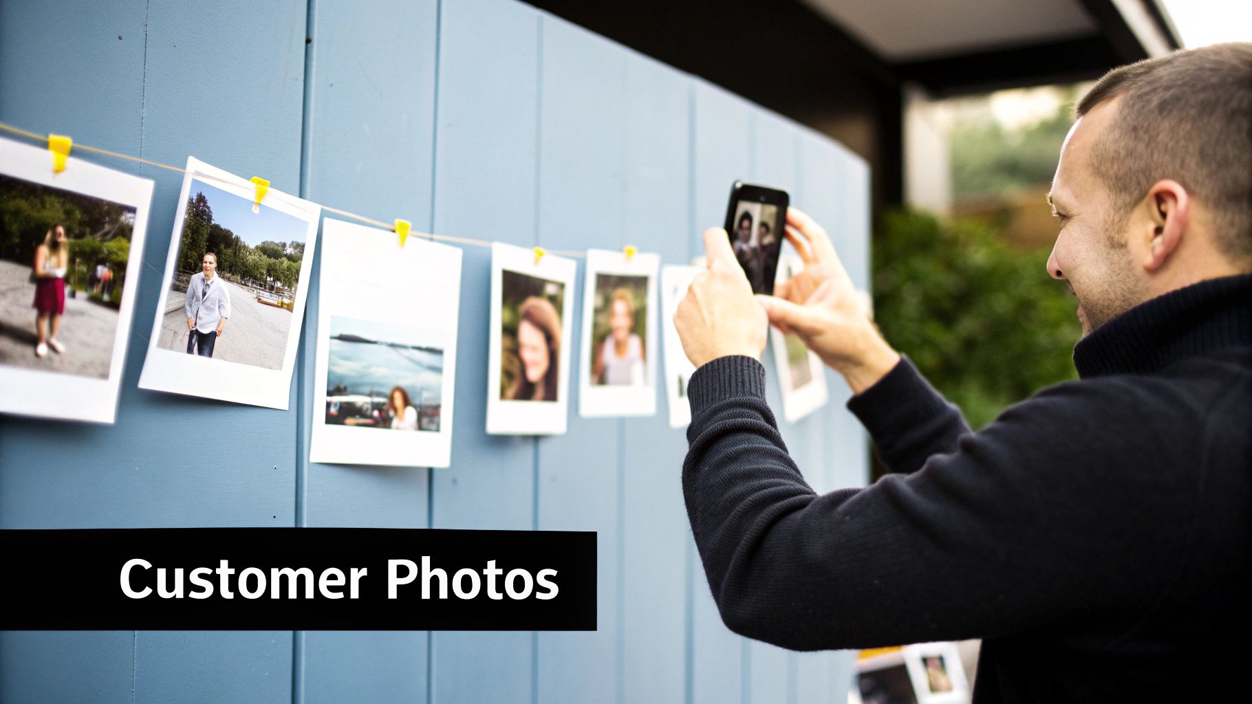 A man taking a picture of a display of customer photos pinned to a blue wall.