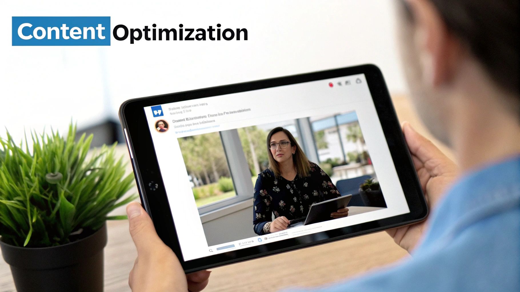A digital marketing professional analyzing a line graph of video engagement metrics on a large screen, with smaller charts showing likes, comments, and shares.