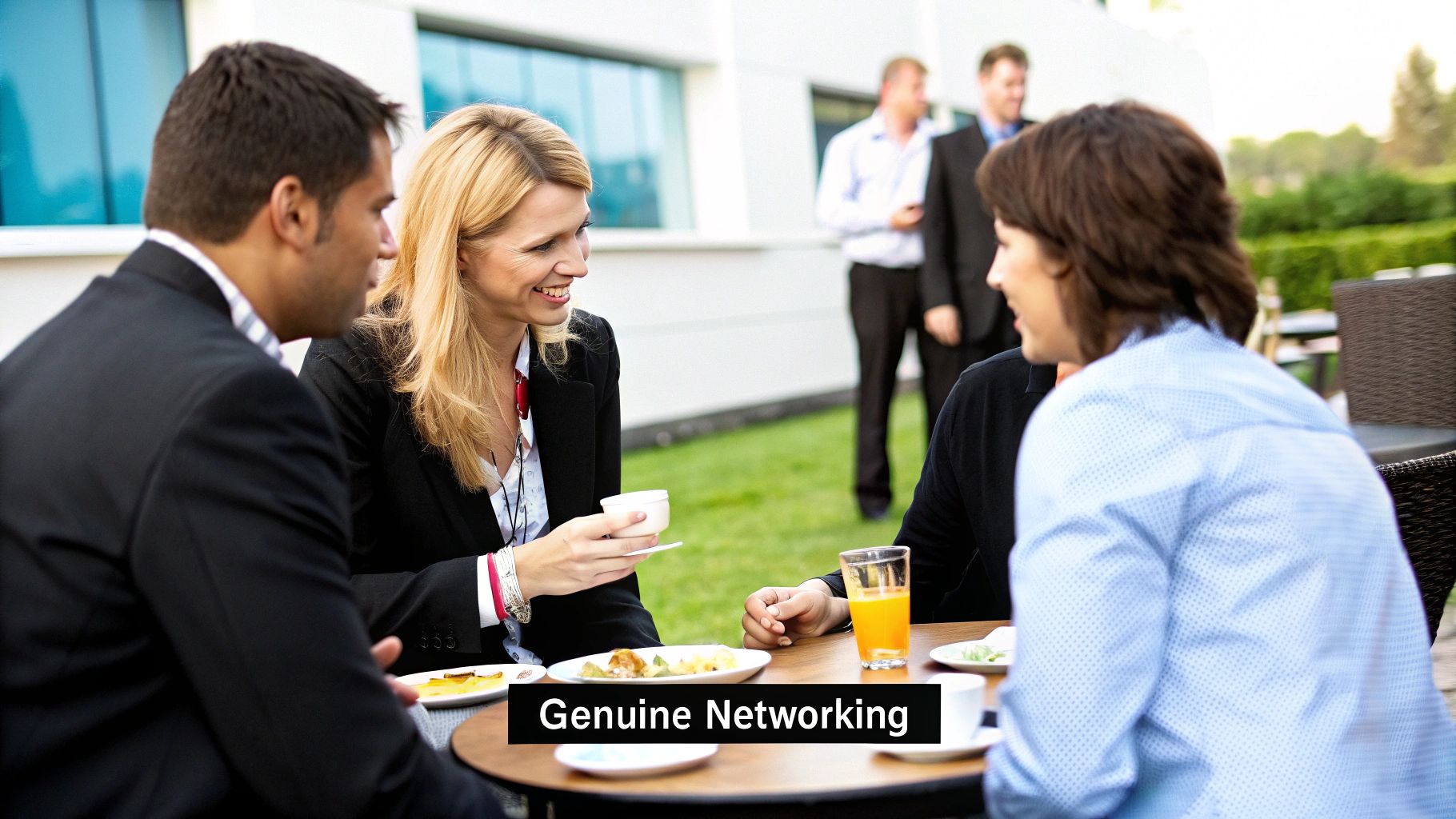A group of professionals engaged in a friendly, collaborative discussion around a table.