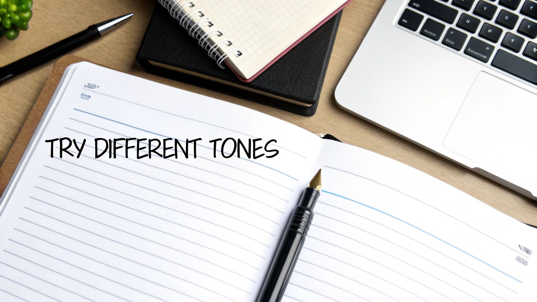 A person's hands holding up different theatrical masks, symbolizing the act of experimenting with various writing tones and personalities.