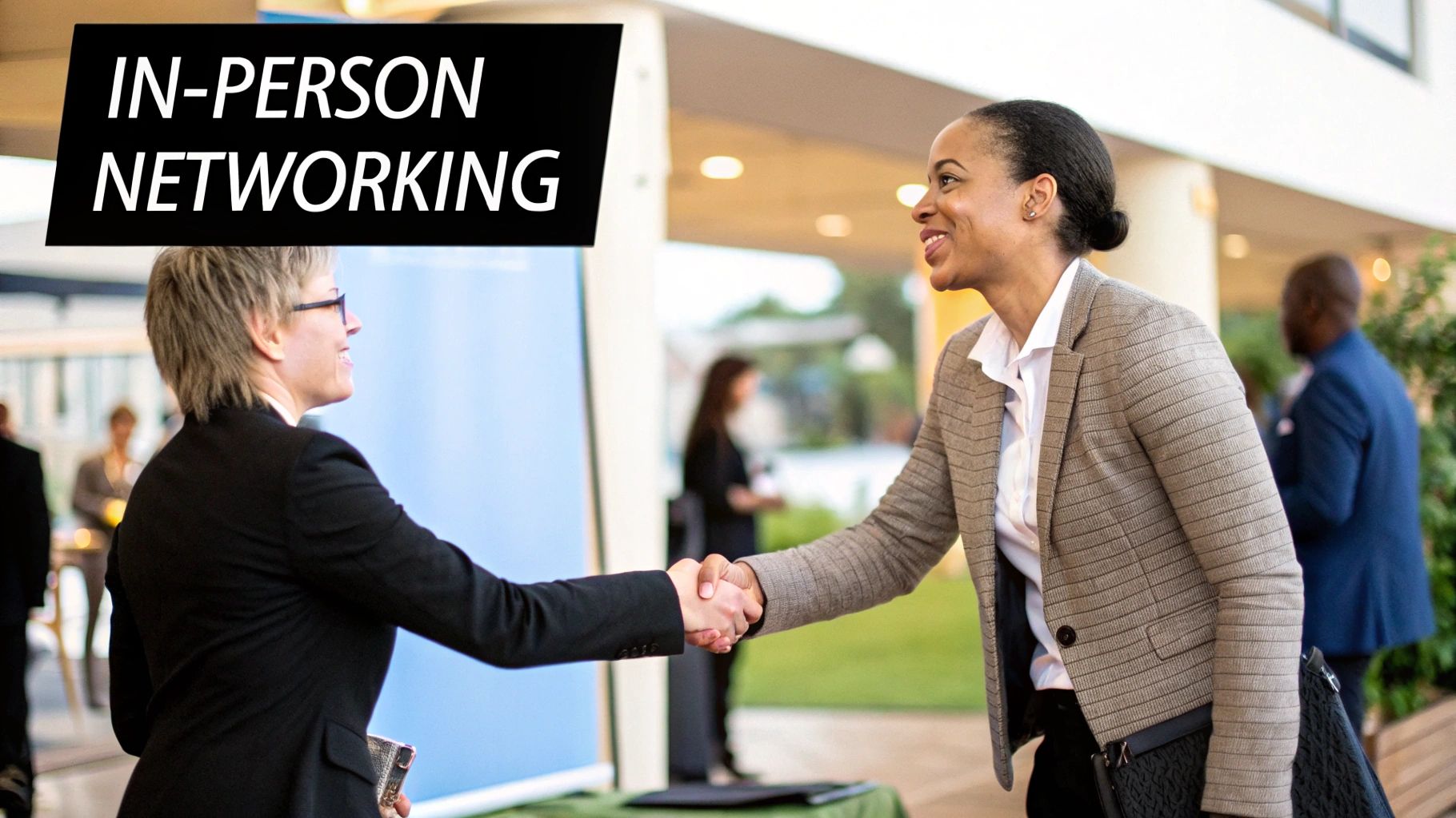 A group of people networking and conversing at an industry conference.