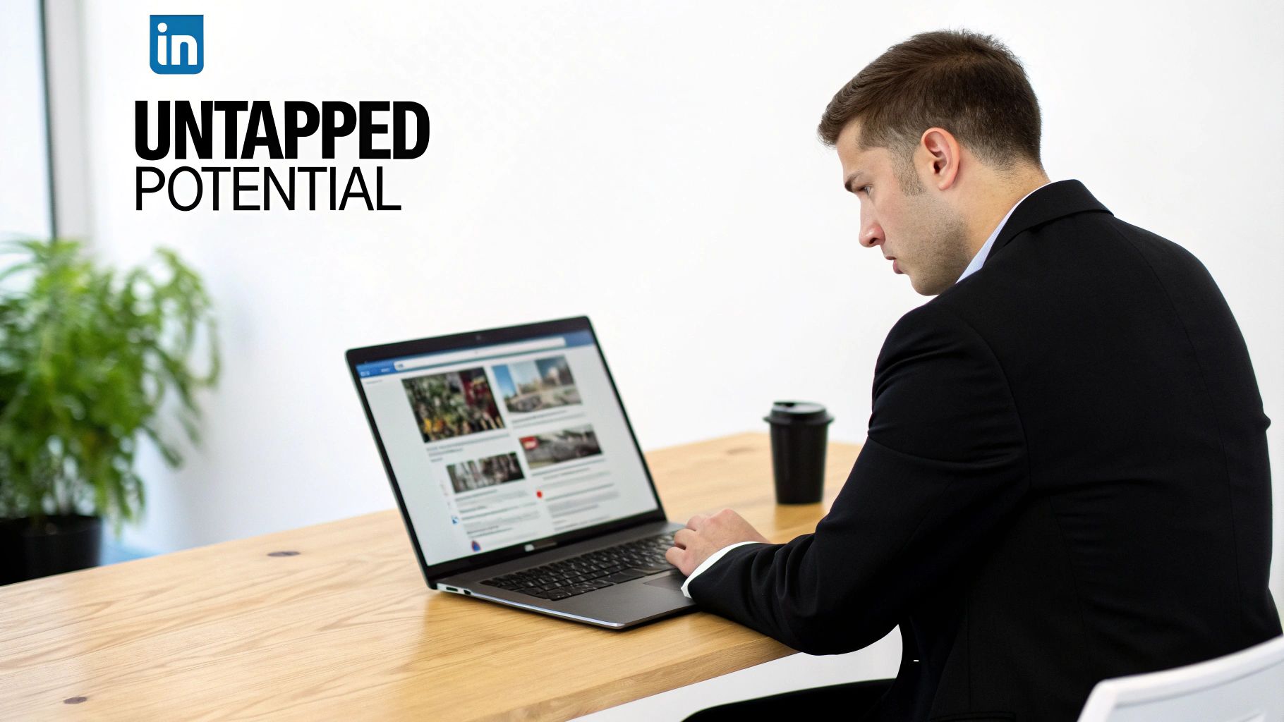 A person typing on a laptop with a focused expression, representing the creation of a LinkedIn post.