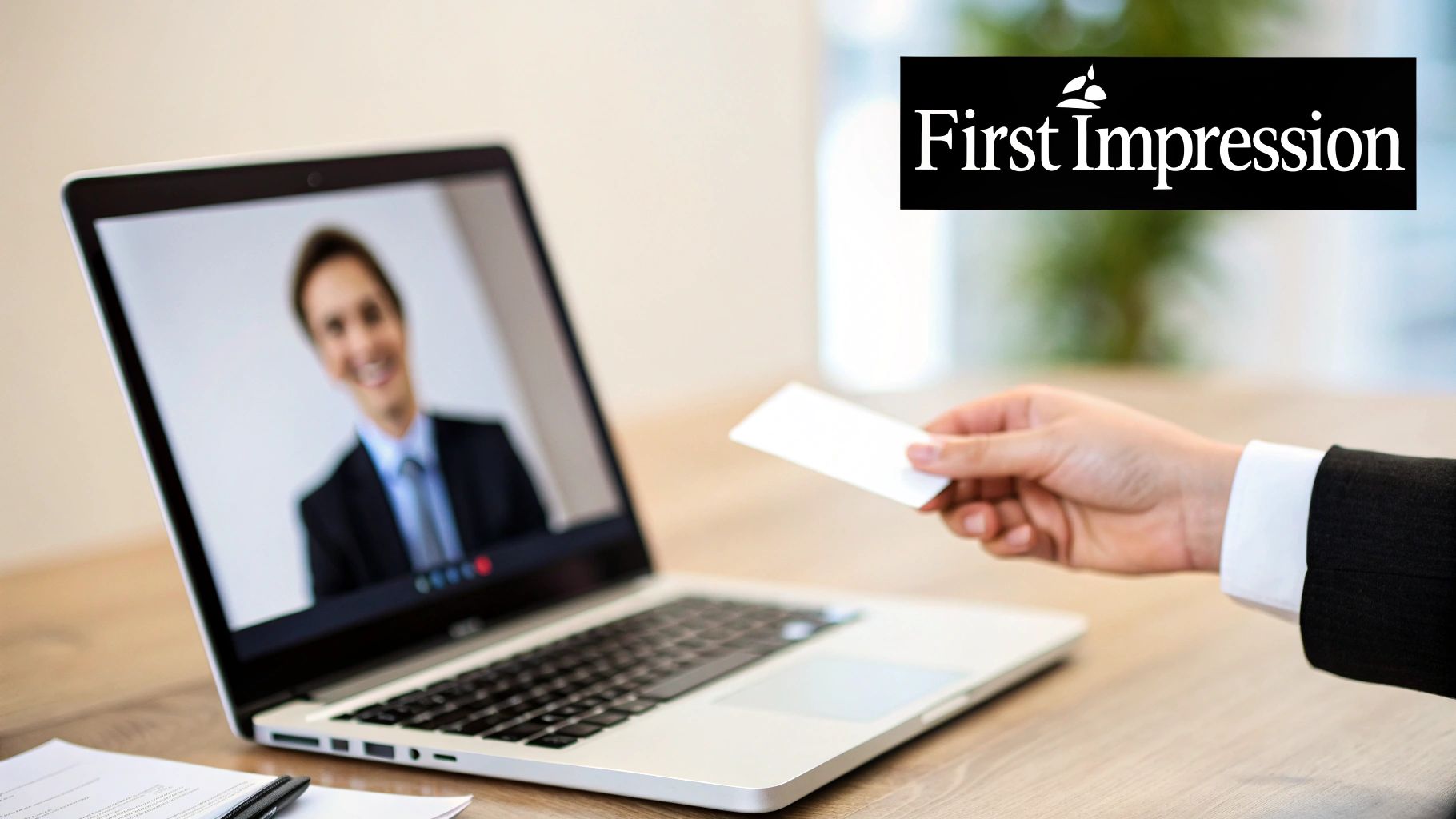 A person writing their professional bio in a notebook at a clean, modern desk.