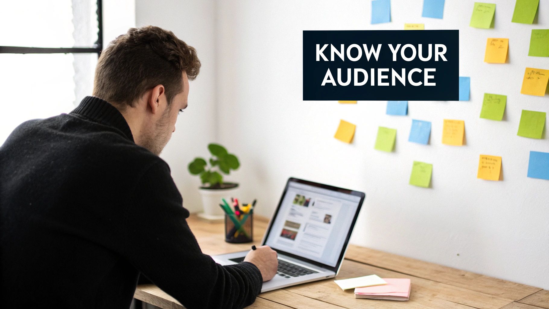 A man works on a laptop, surrounded by sticky notes on a wall, with 'Know Your Audience' text.