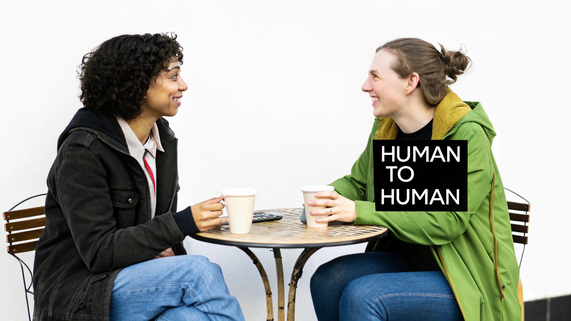 Two people having an authentic, engaging conversation in a modern office setting, illustrating human to human communication.