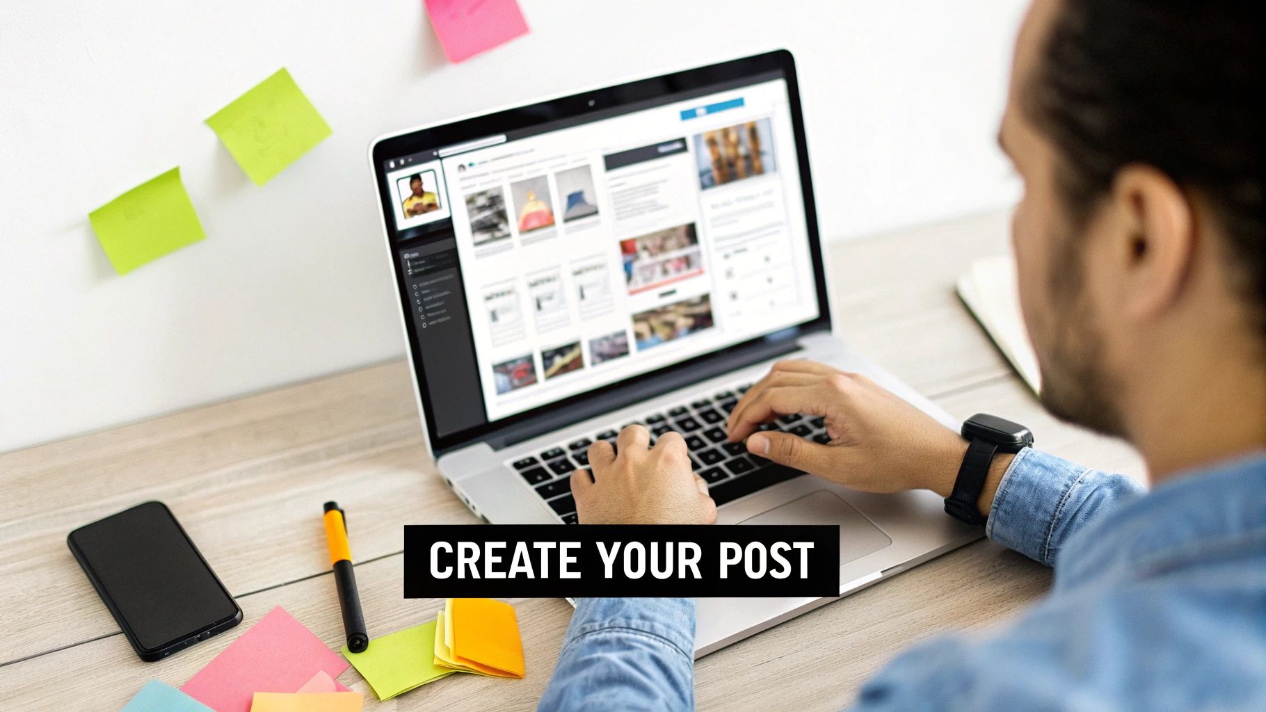 A person typing on a laptop, creating a post on a social media platform, surrounded by sticky notes.