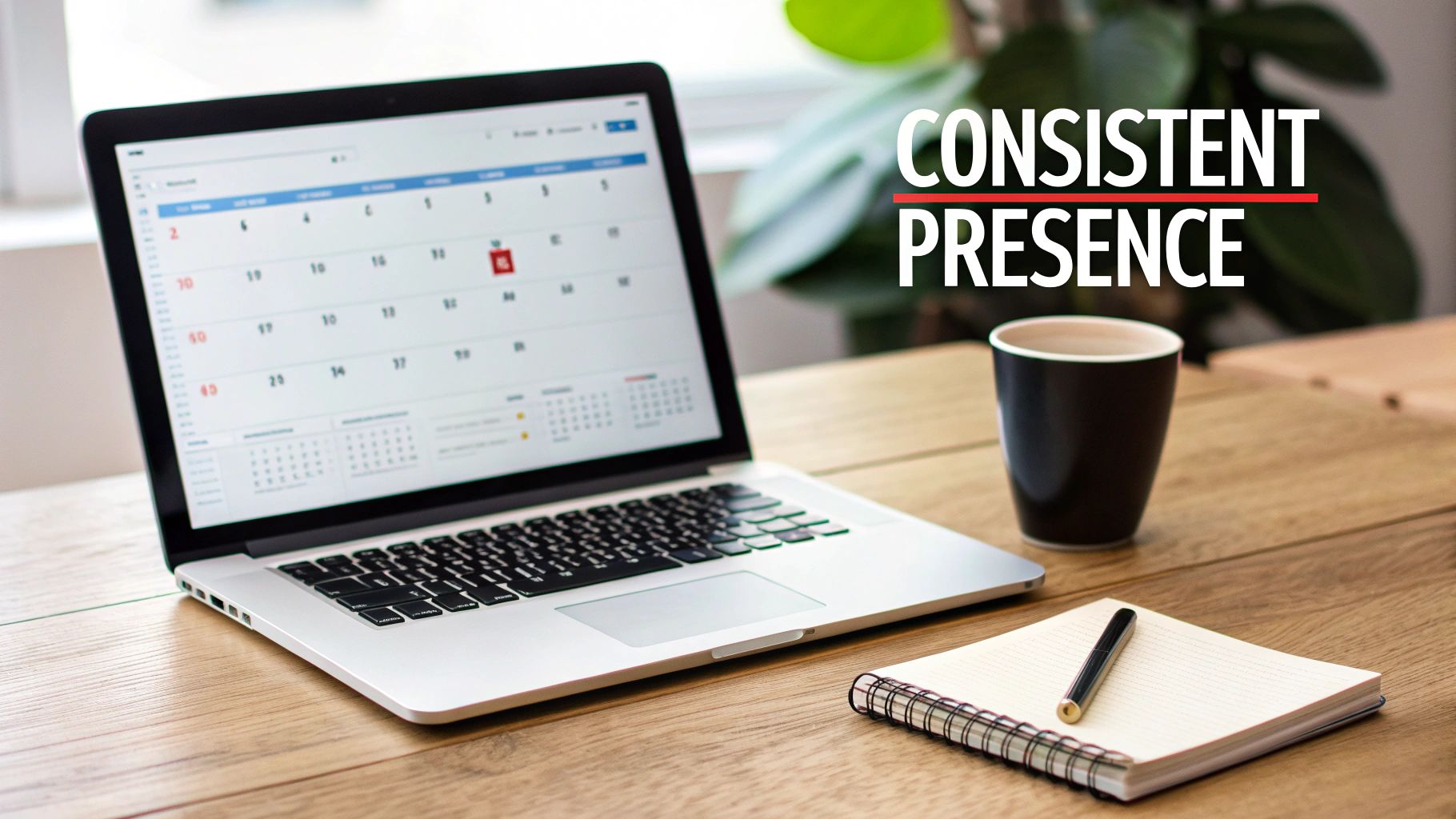 A laptop showing a calendar application, a coffee cup, and a notepad with a pen on a wooden desk, emphasizing consistent scheduling.
