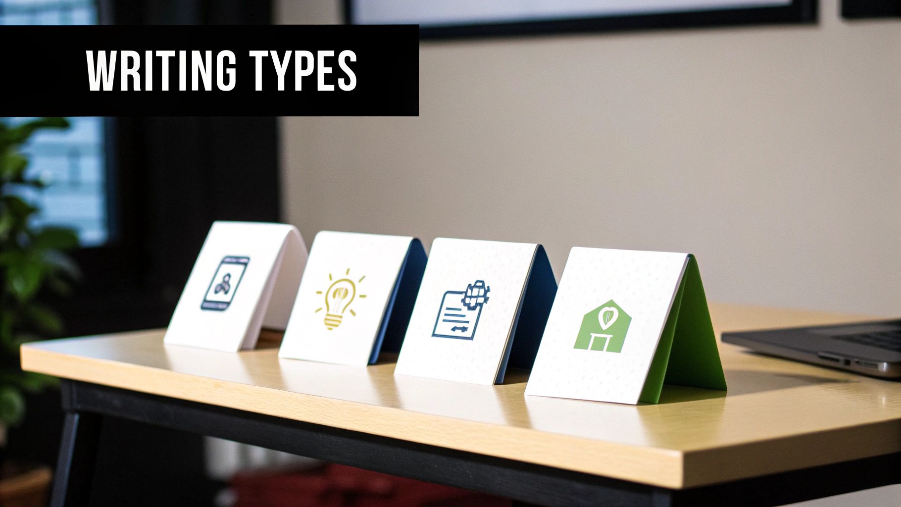 A banner reads 'WRITING TYPES' above four cards with icons for different writing styles.