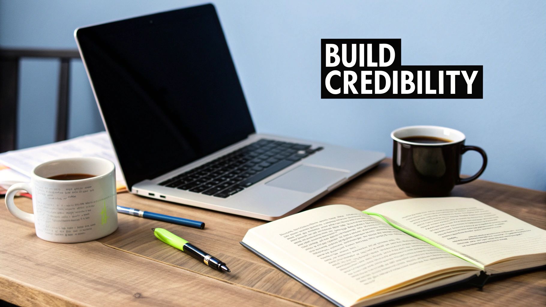 A desk with a laptop, two coffee mugs, an open book, and pens, with 'BUILD CREDIBILITY' text.