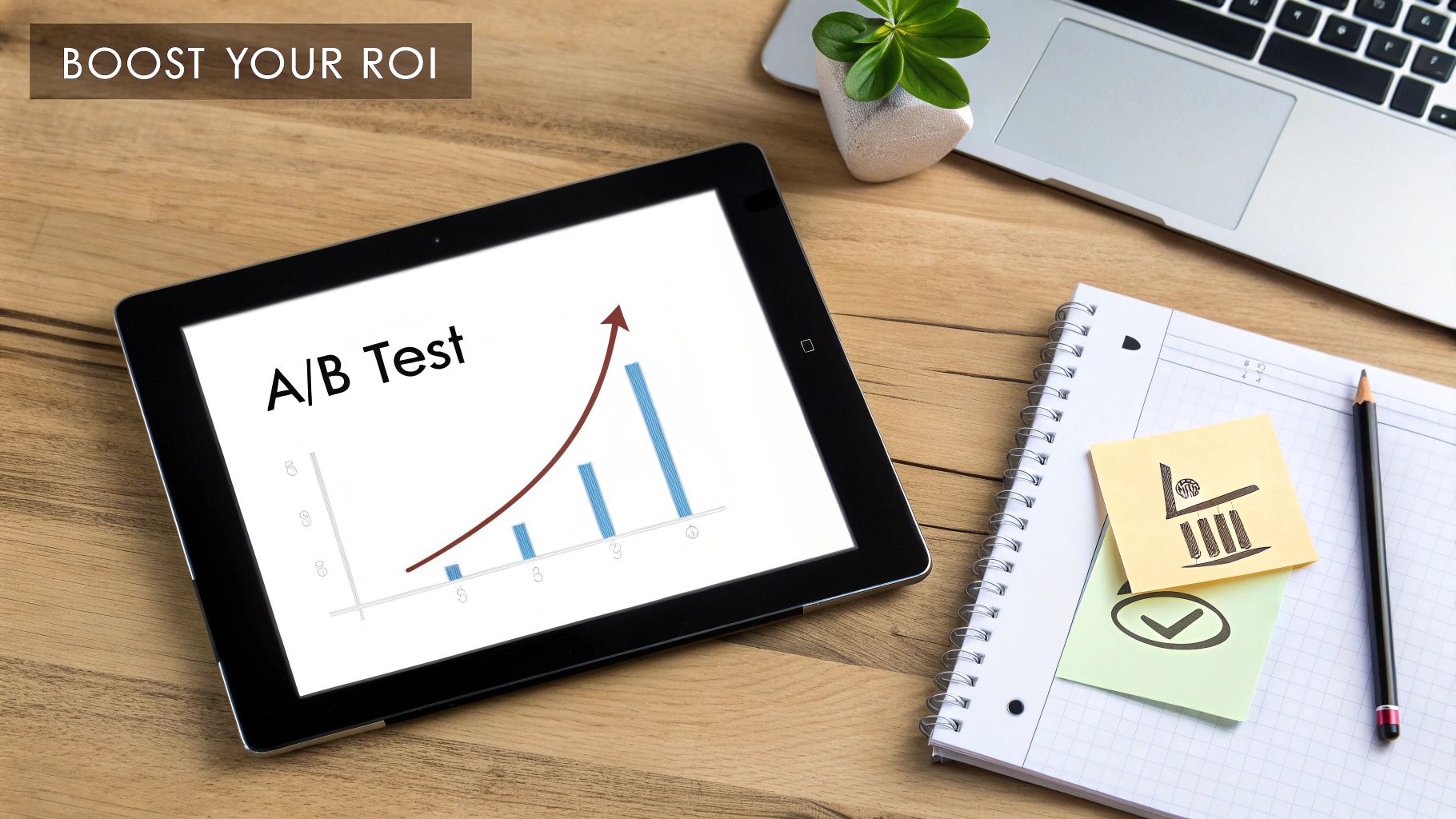 Desktop with tablet showing A/B test for ROI growth, laptop, and notebook.