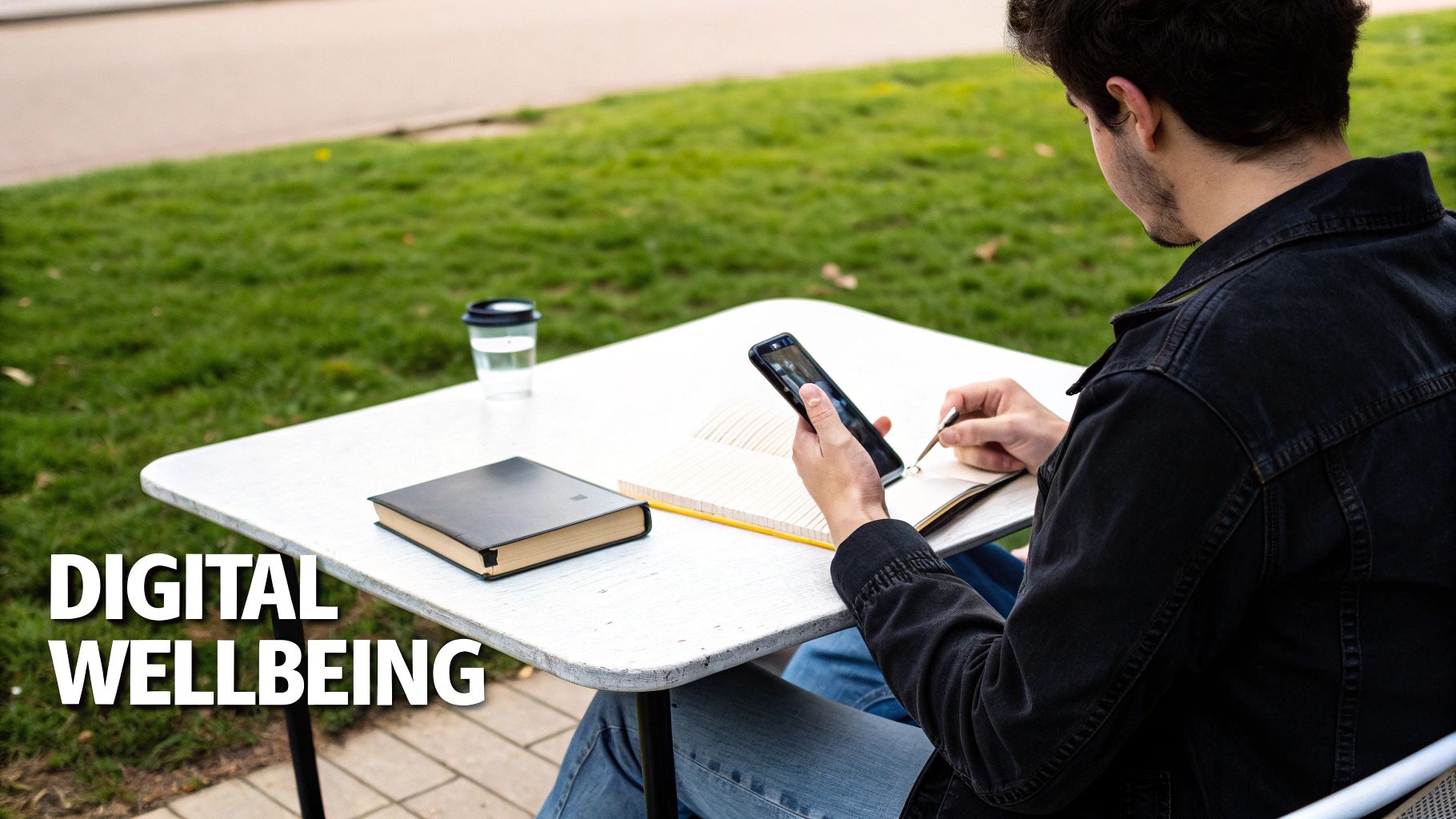 A person studies outdoors at a white table, using a phone and writing in a notebook, with text "DIGITAL WELLBEING".