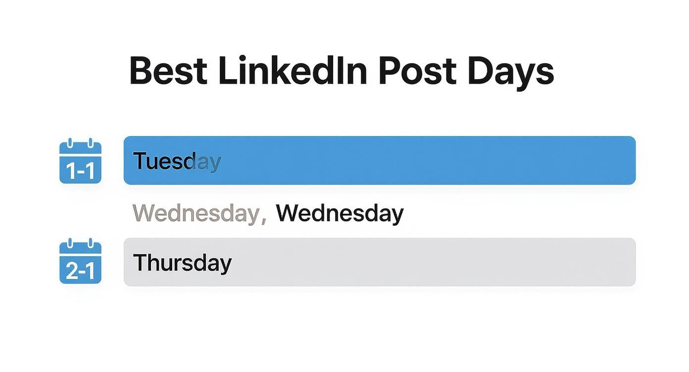 A graphic displaying 'Best LinkedIn Post Days,' listing Tuesday, Wednesday, and Thursday, with Tuesday and Thursday highlighted.