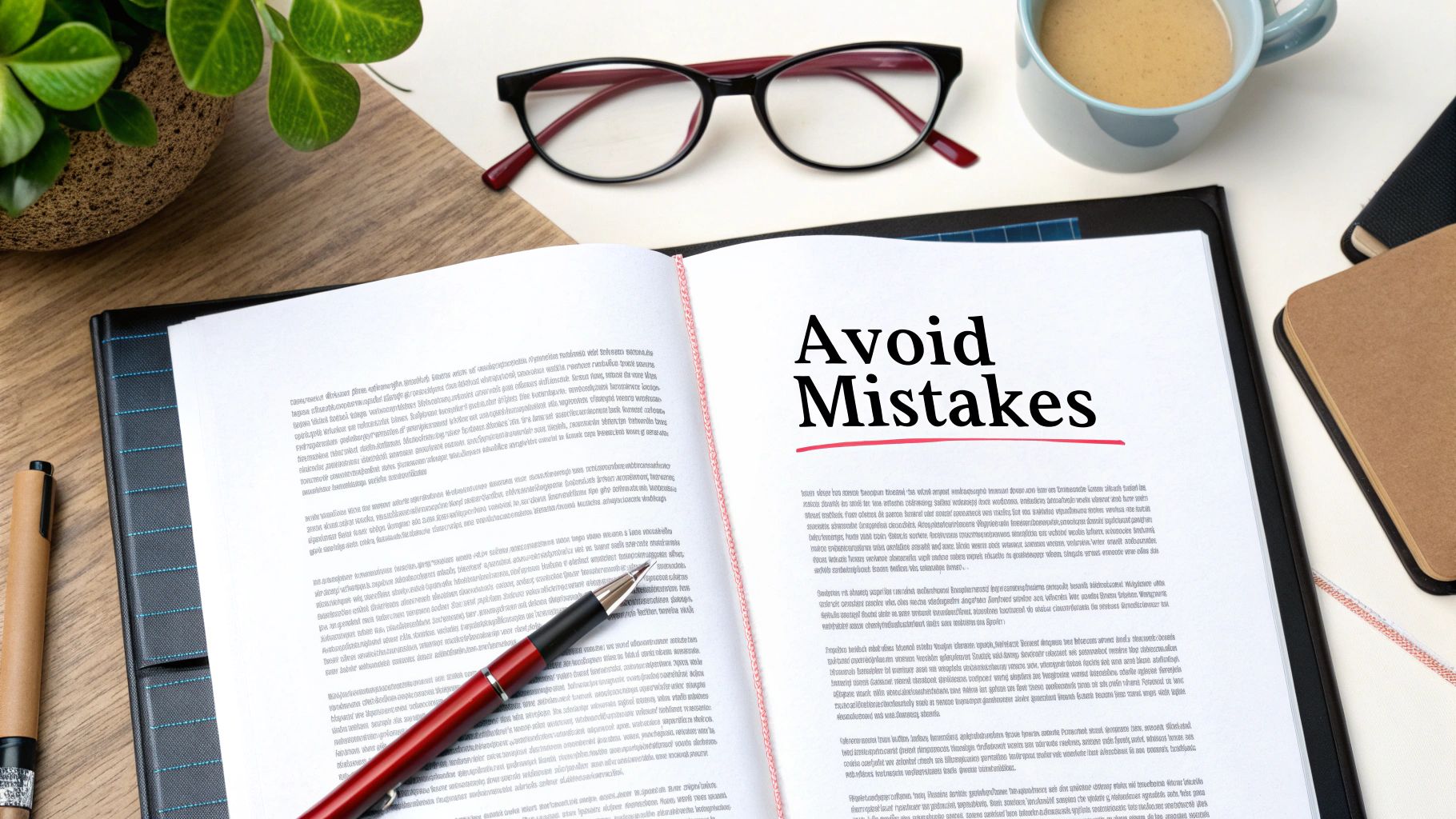 An open book titled 'Avoid Mistakes' with a red pen, glasses, and coffee on a desk.