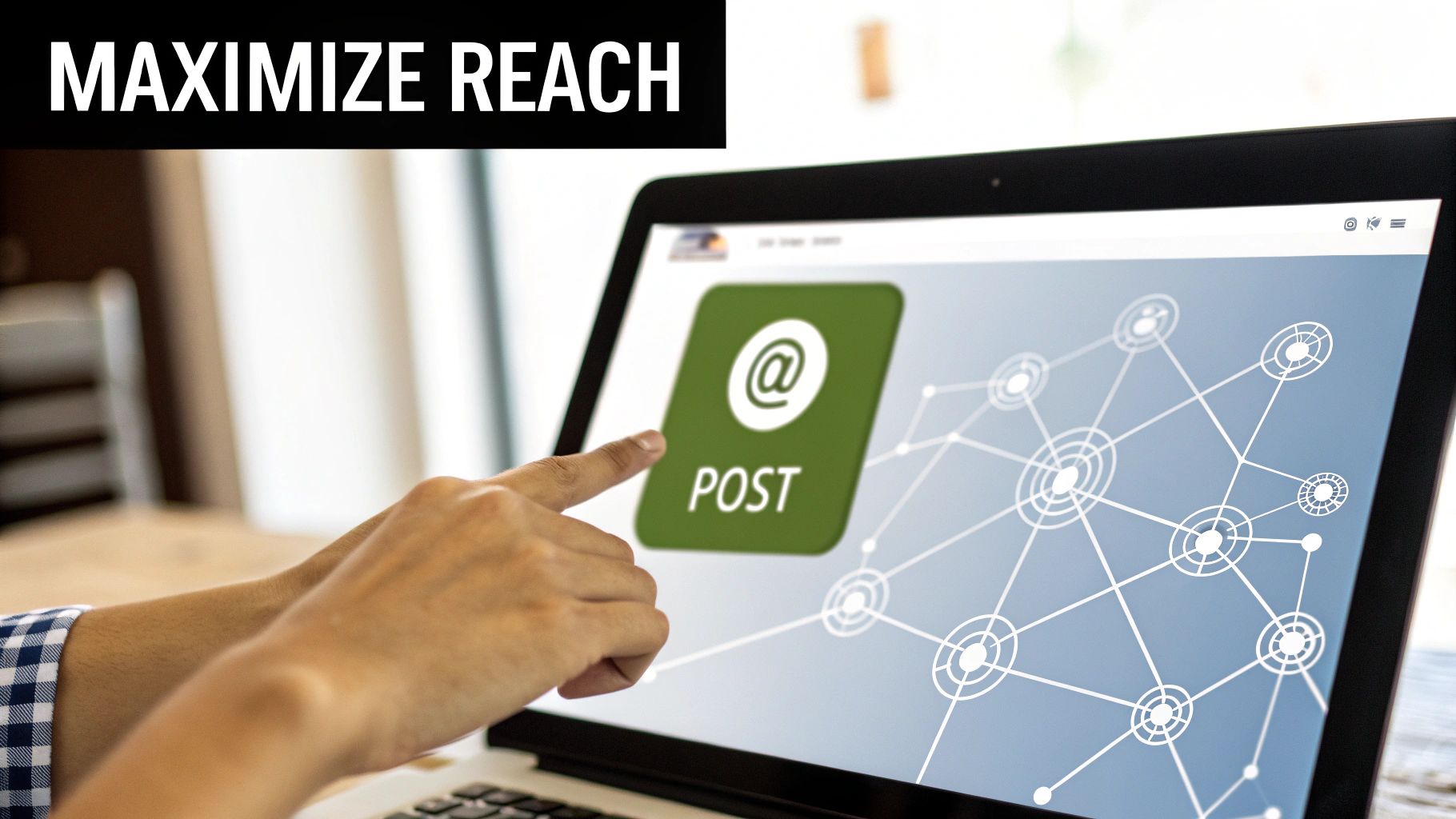 A person pressing the publish button on a social media post, symbolizing maximum reach.