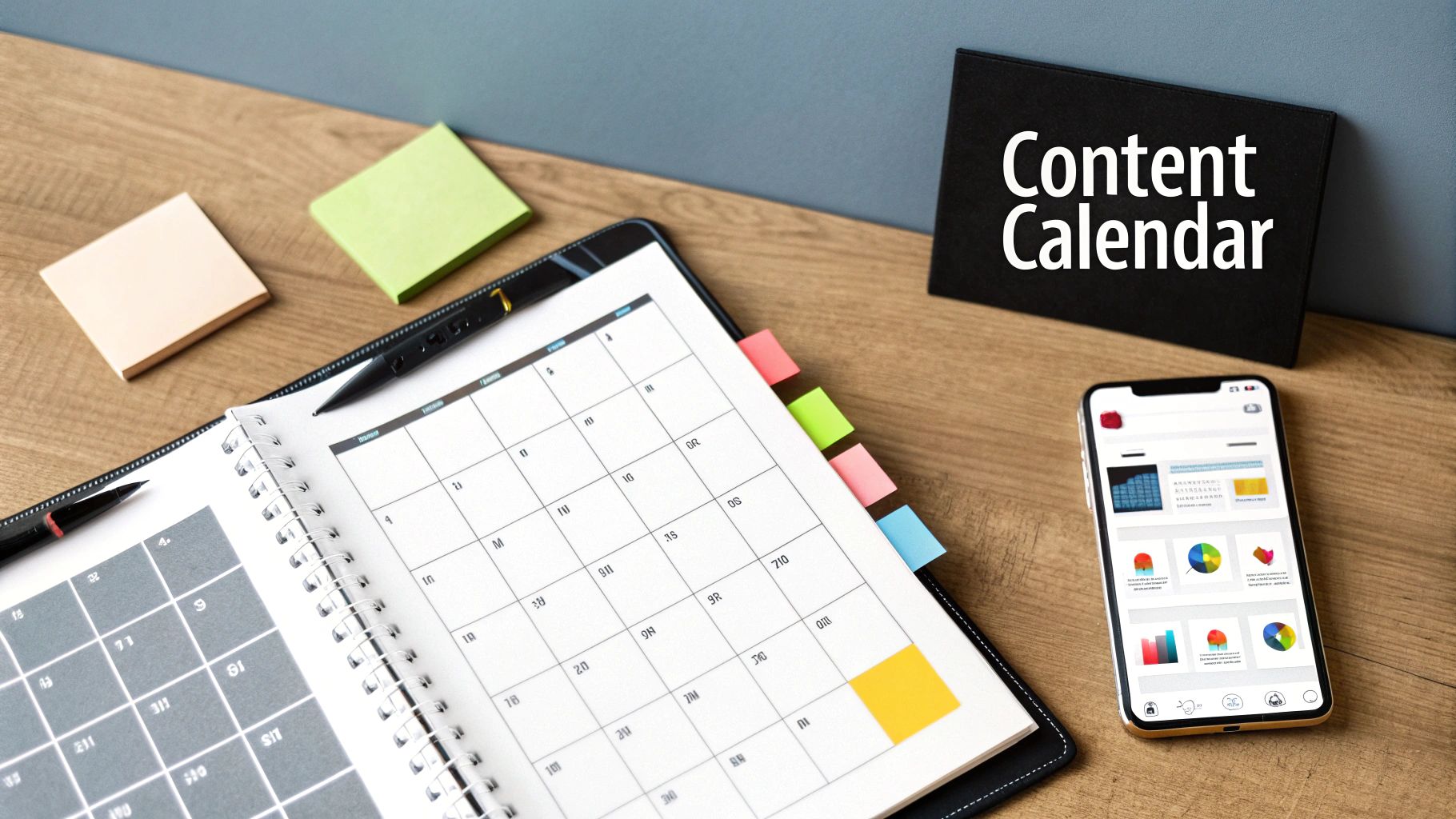 A desk with an open content calendar planner, a smartphone showing graphs, and sticky notes.
