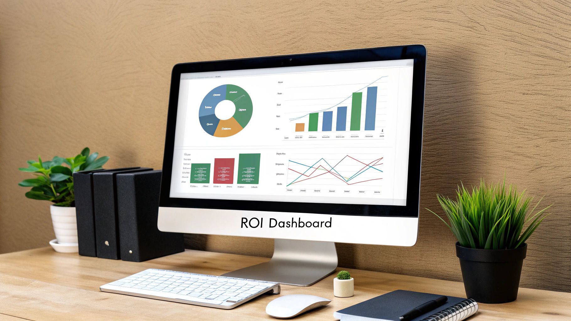 A computer monitor displays an ROI dashboard with various charts and graphs on a wooden desk.