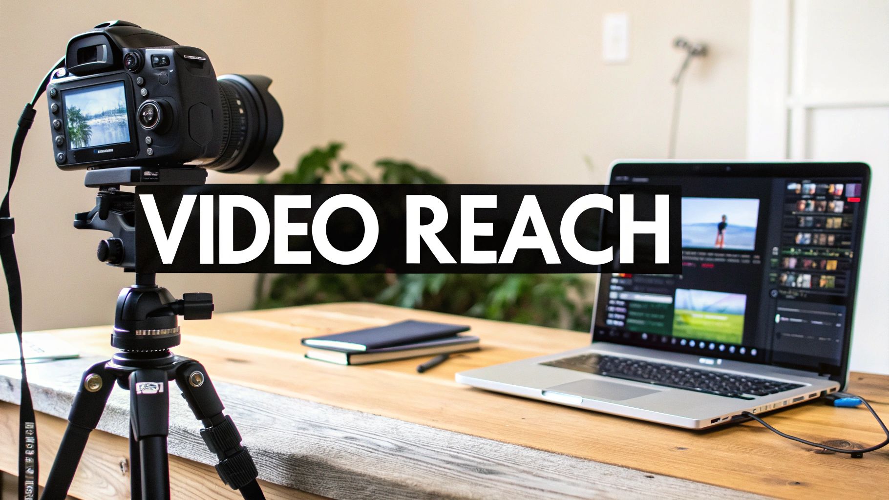 Professional camera on tripod and laptop with video editing software for content creation workflow