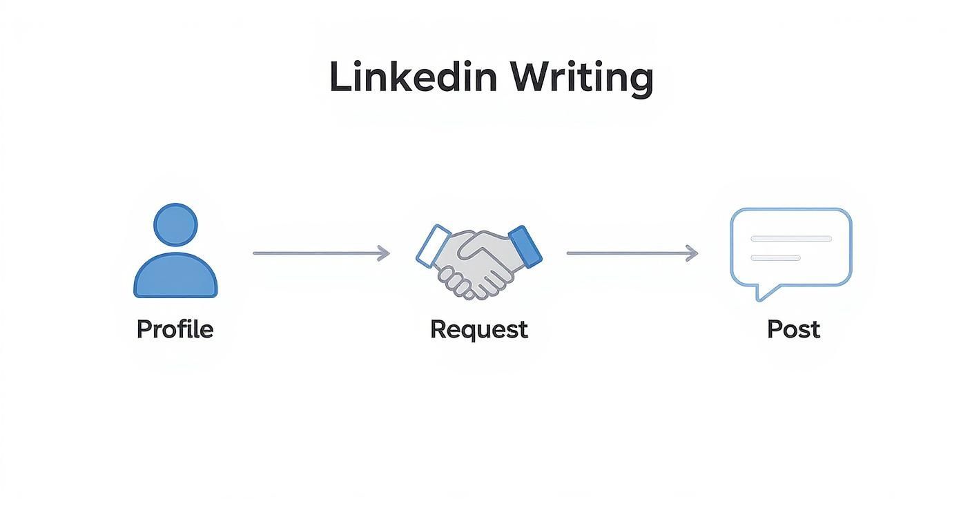 Diagram illustrating the LinkedIn writing process, showing a profile icon, a handshake for request, and a message icon for post.