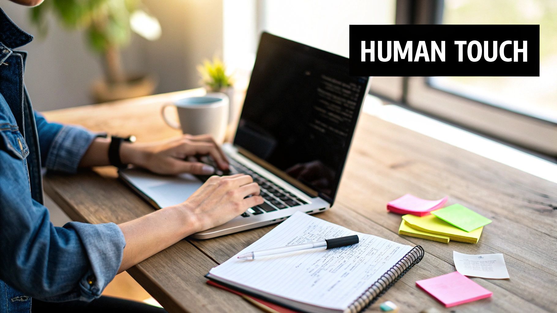 A person's hand adding a final touch to a digital text document, symbolizing humanizing AI content.