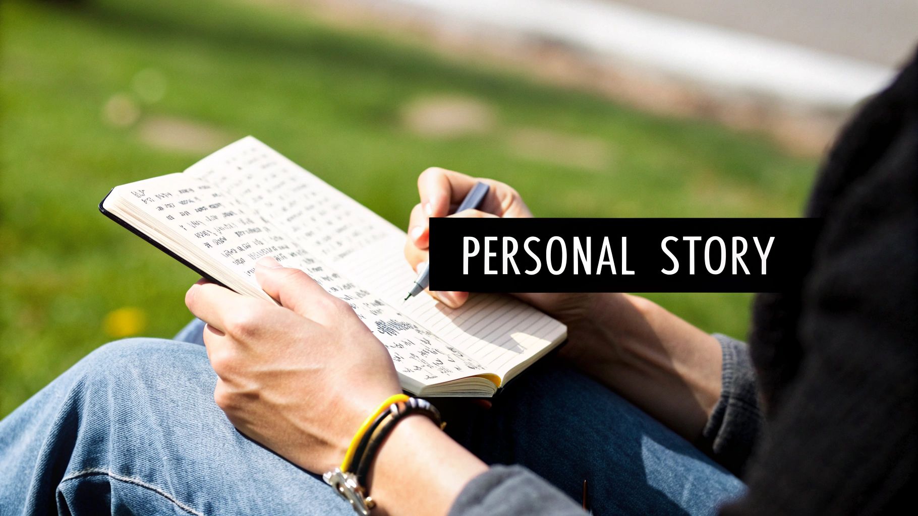 Person writing personal story in notebook outdoors while sitting on grass in natural light