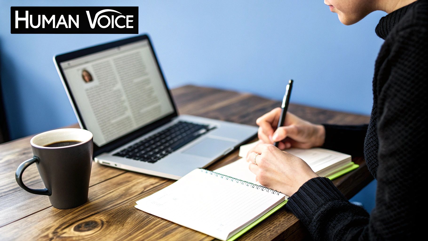 A person's hands typing on a laptop, refining a document with personal notes and highlights around it.