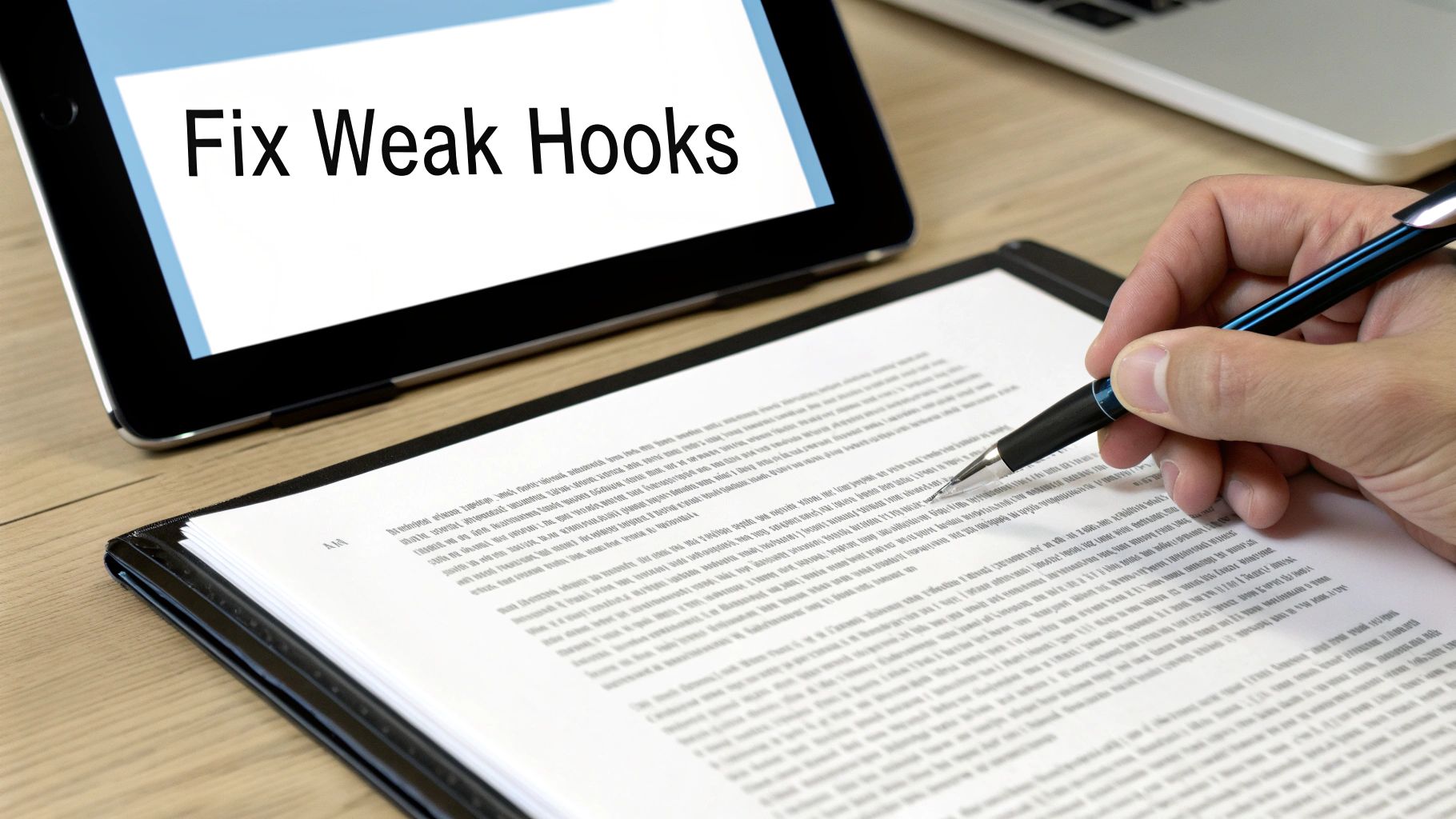 A red 'X' mark over a poorly written sentence on a piece of paper, illustrating the concept of fixing mistakes in writing.